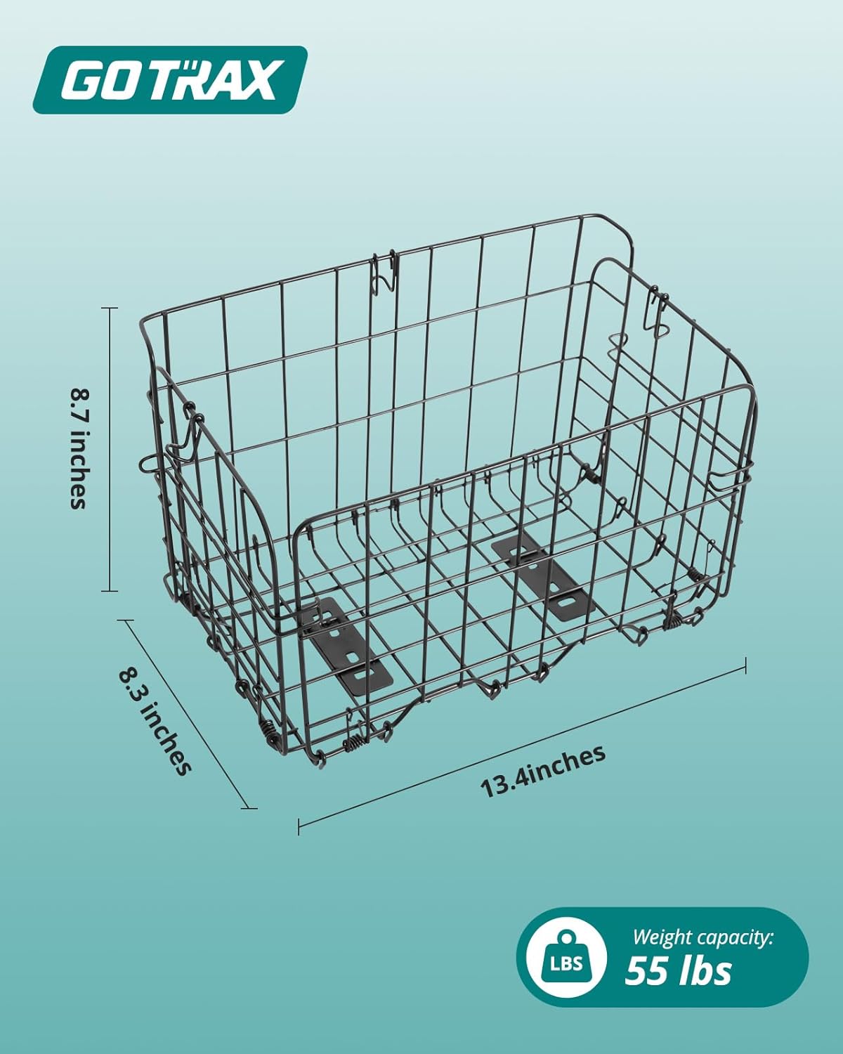 Diagram showing the dimensions of the Gotrax Electric Bike Rear Basket: 13.4 inches deep, 8.7 inches wide, and 8.3 inches high, with a weight capacity of 55 lbs.