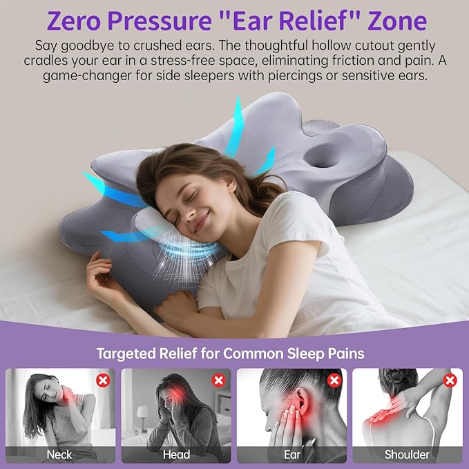 Almohada Memory Foam Cervical con Agujero para Orejas y Soporte Mariposa miniatura 3