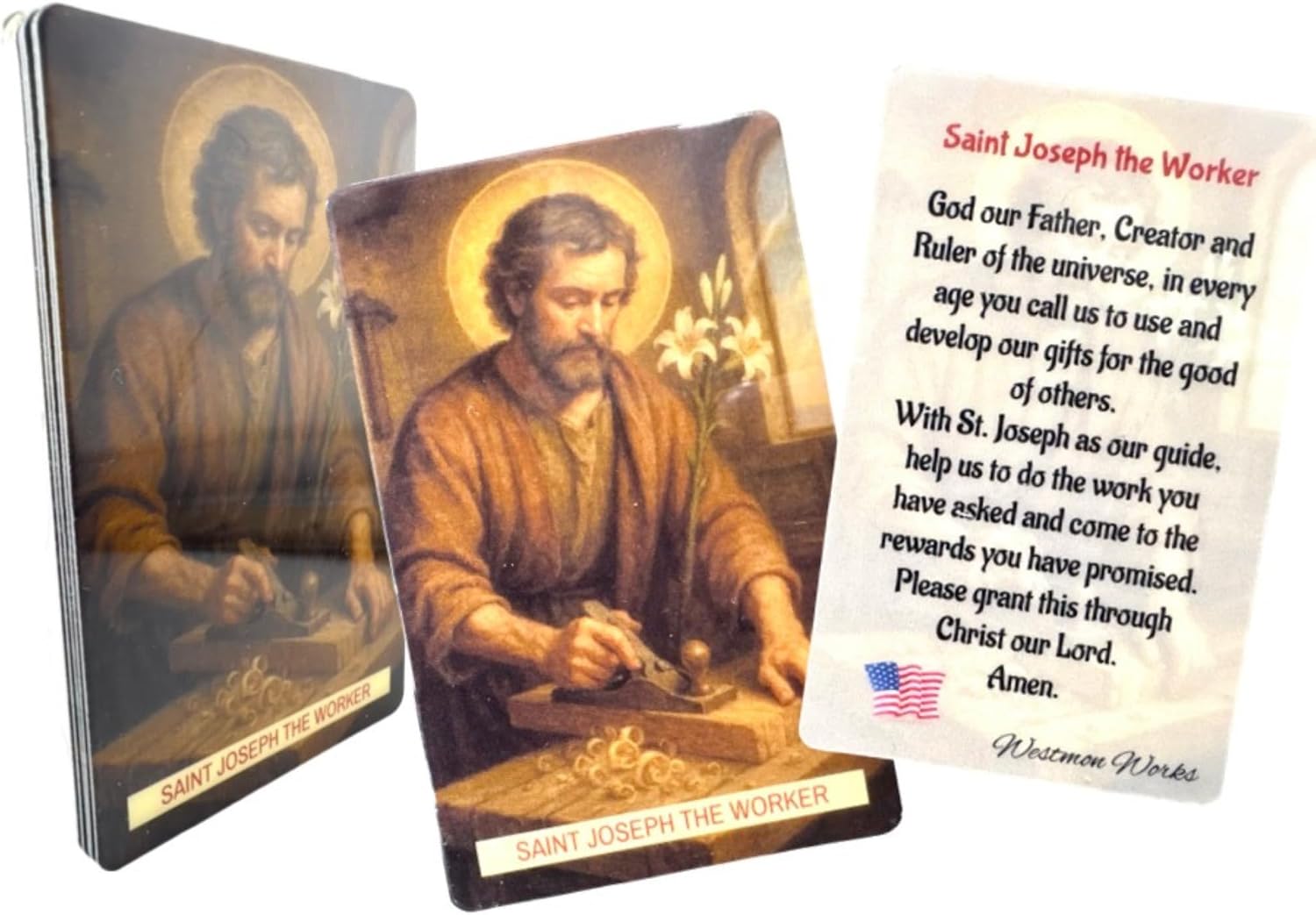 Westmon Works St Joseph the Worker Medal & Holy Card Set – Italian Metal Catholic Medals with Laminated Prayer Cards – 5 Pack – Imported from Italy, Cards Made in USA