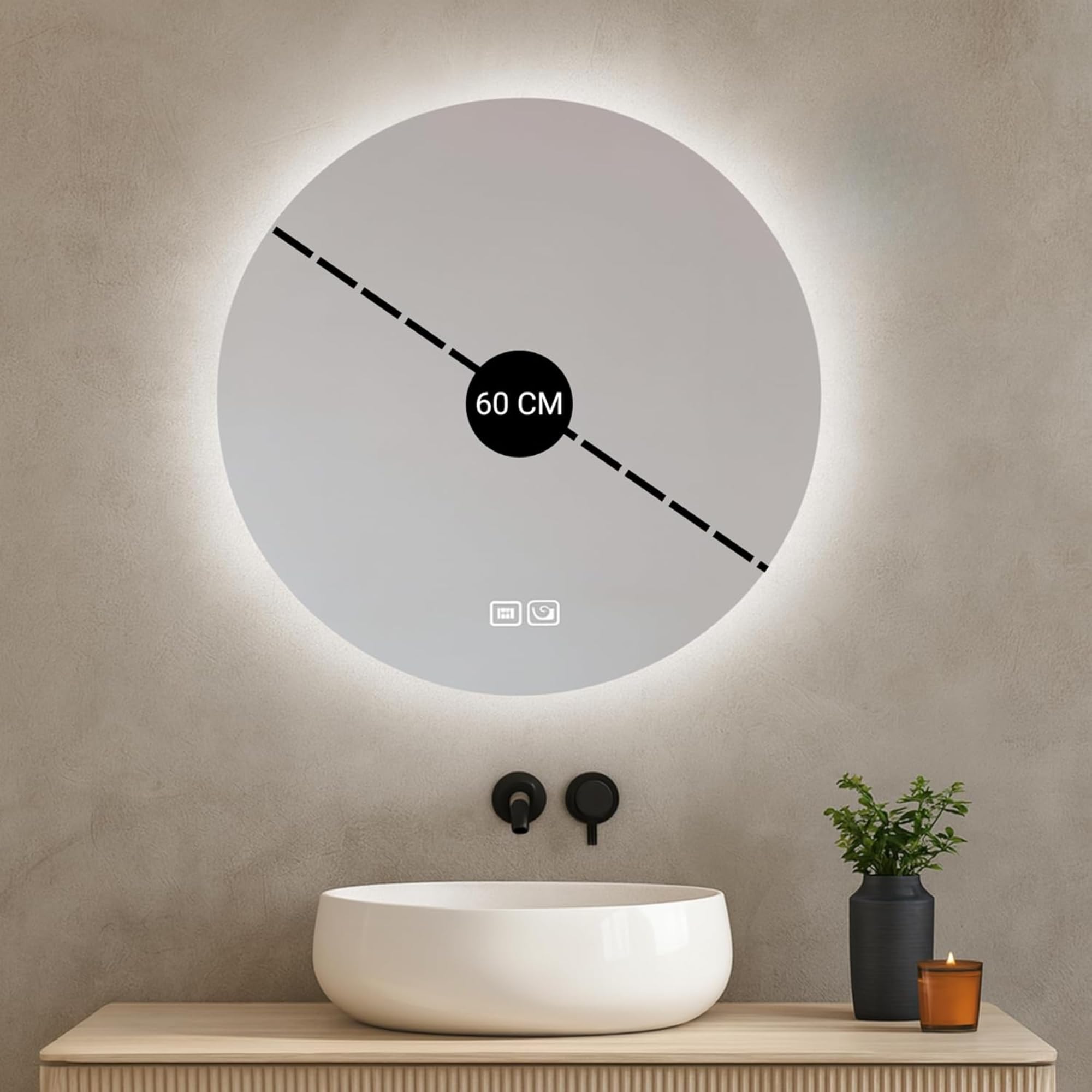 Bayt Espejo de Baño Redondo Luces LED - Espejos de Baño Iluminados de 60 cm con Retroiluminación | Espejos de Tocador de Pared Antiniebla Regulable | Espejo de Pared sin Marco