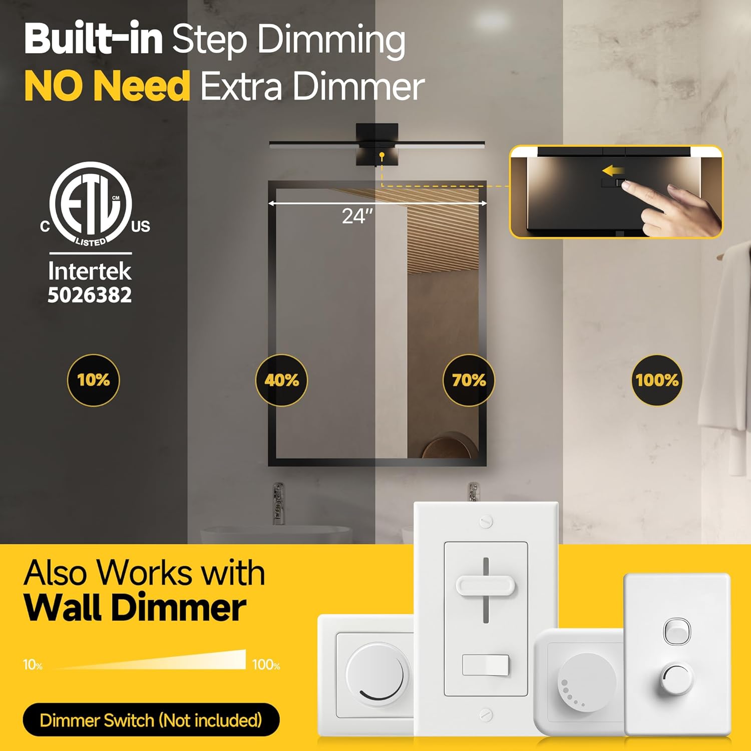 Vanity Lights 24 inch, 4-Level Brightness Built-in Dimmer, 14W Dimmable 5CCT Bathroom Light Fixtures Over Mirror, Black Vanity Lights for Bathroom Mirror Cabinets Bedroom-FCC & ETL Certified