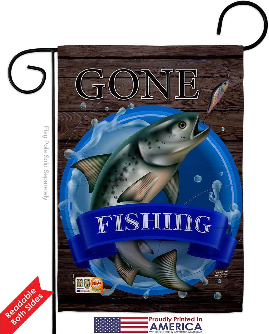 Gone Fishing Garden Flag Set Wall Holder Sports Outdoor Camping Fish Dock Lure Entertainment Activity Physical Small Decorative Gift Yard House Banner Double-Sided Made In USA 13 X 18.5