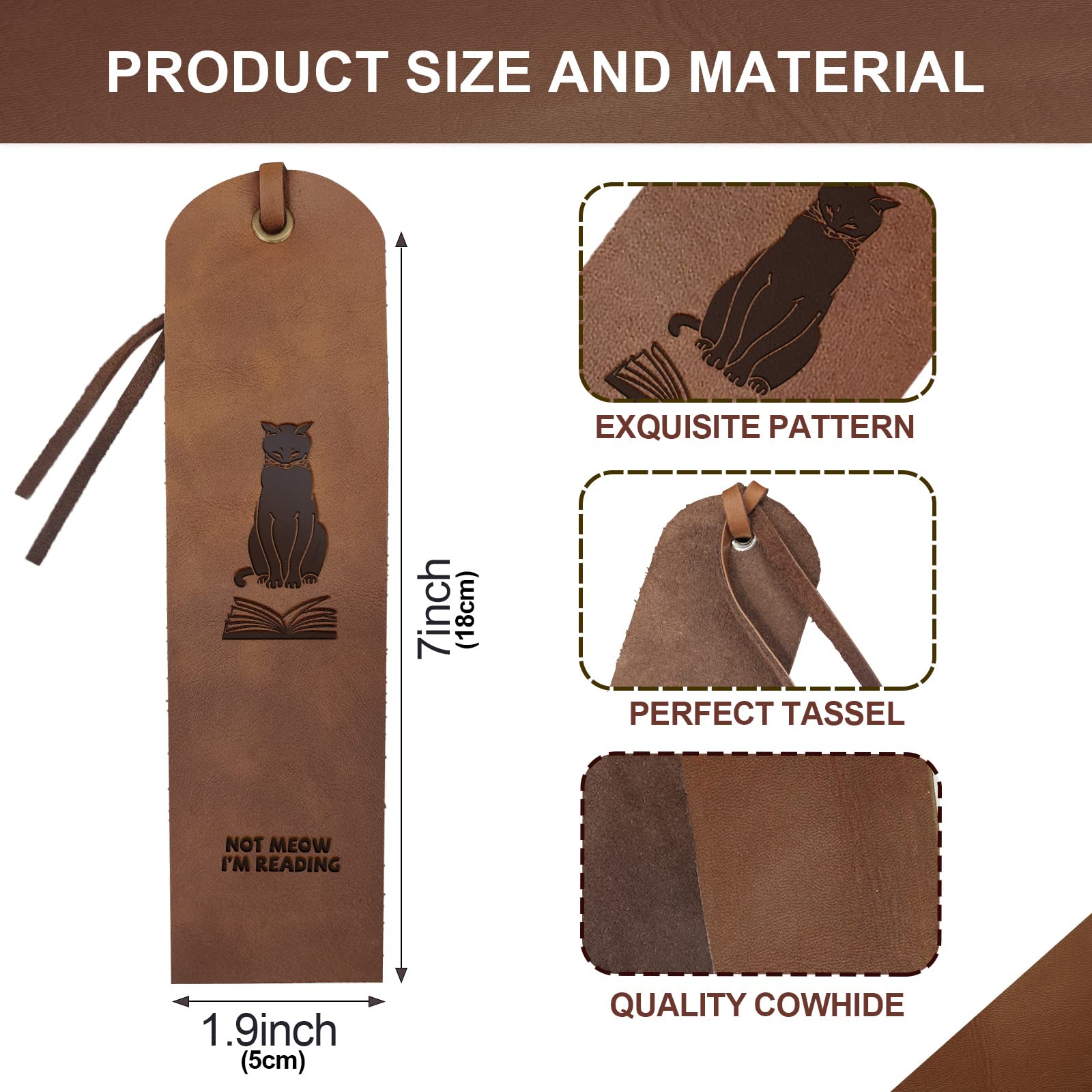 MAYJOYDIY 4pcs Cat Leather Bookmarks Genuine Leather Page Markers 5×18cm NOT Meow I'm Reading Text Cowhide Classic Tassel Design for Men Women Bookworms Writers Relatives and Friends - Image 2