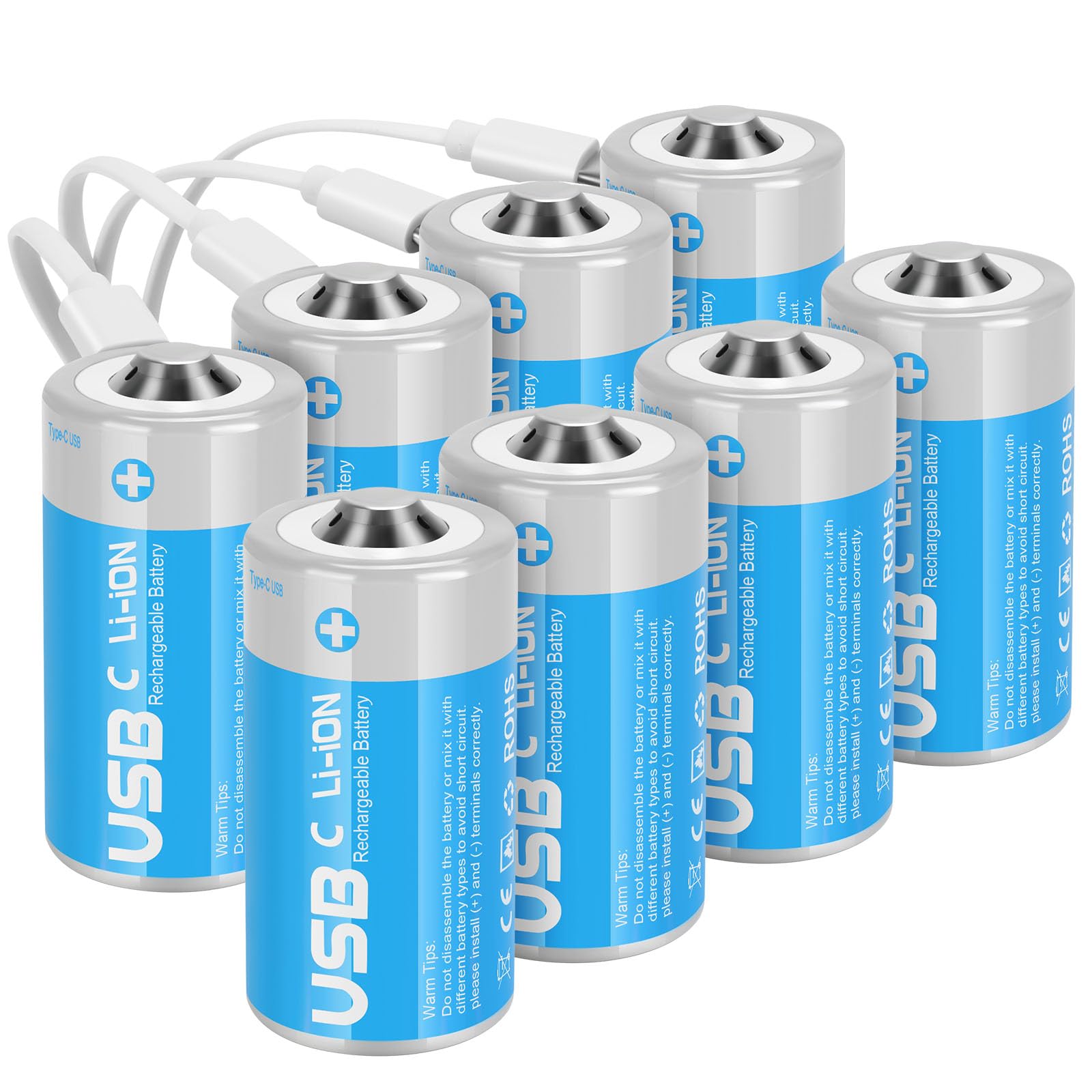 Rechargeable Lithium C Batteries with 4 in 1 USB-C Charge Cable,8 Pack C Cell Li-ion Battries,LR14 1.5V C Size Cell Battery Replacement 4100mWh for Floodlight Toys(8 Pcs)