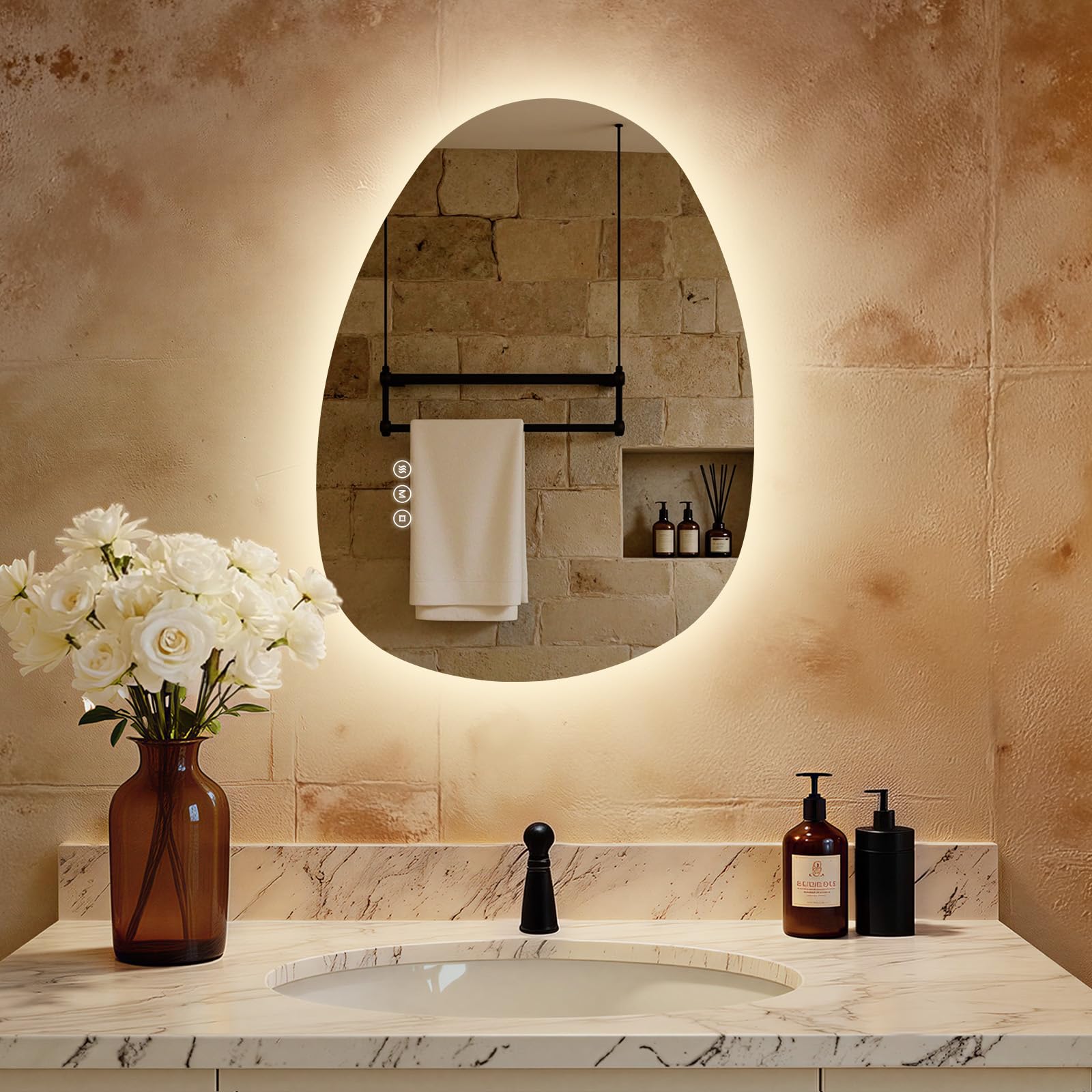 S'AFIELINA Espejo baño con luz 60 x 45 cm, Espejo de baño LED asimétrico con Interruptor táctil Inteligente, luz Regulable de 3 Colores, antivaho, función de Memoria, Espejo de Pared retroiluminado
