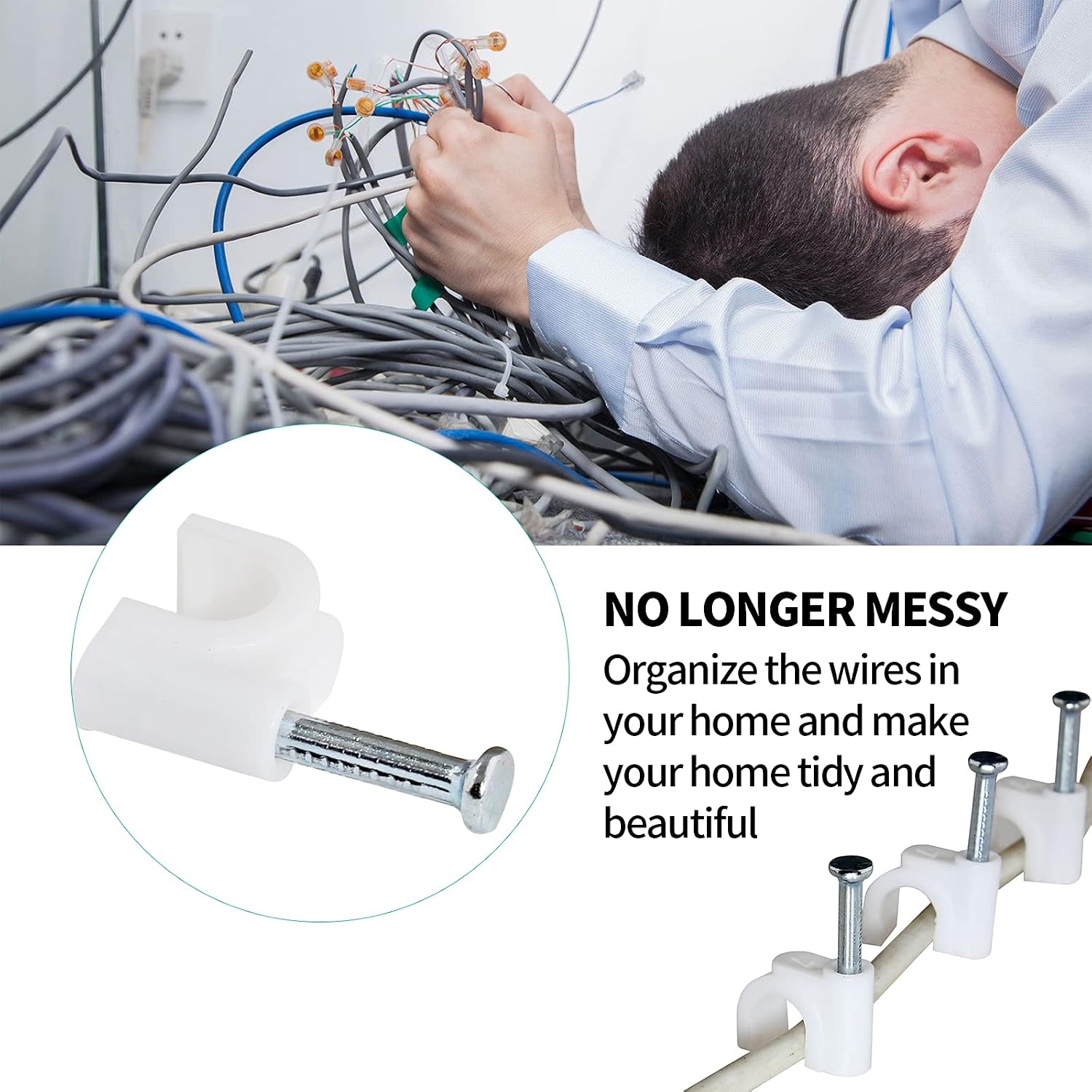 Bonsicoky 100Pcs Nail Cable Clips with Steel Nail, 6mm White Cable Wire Management Clips for Ethernet Cable, Telephone Cable, TV Wire Cable, Print Cable