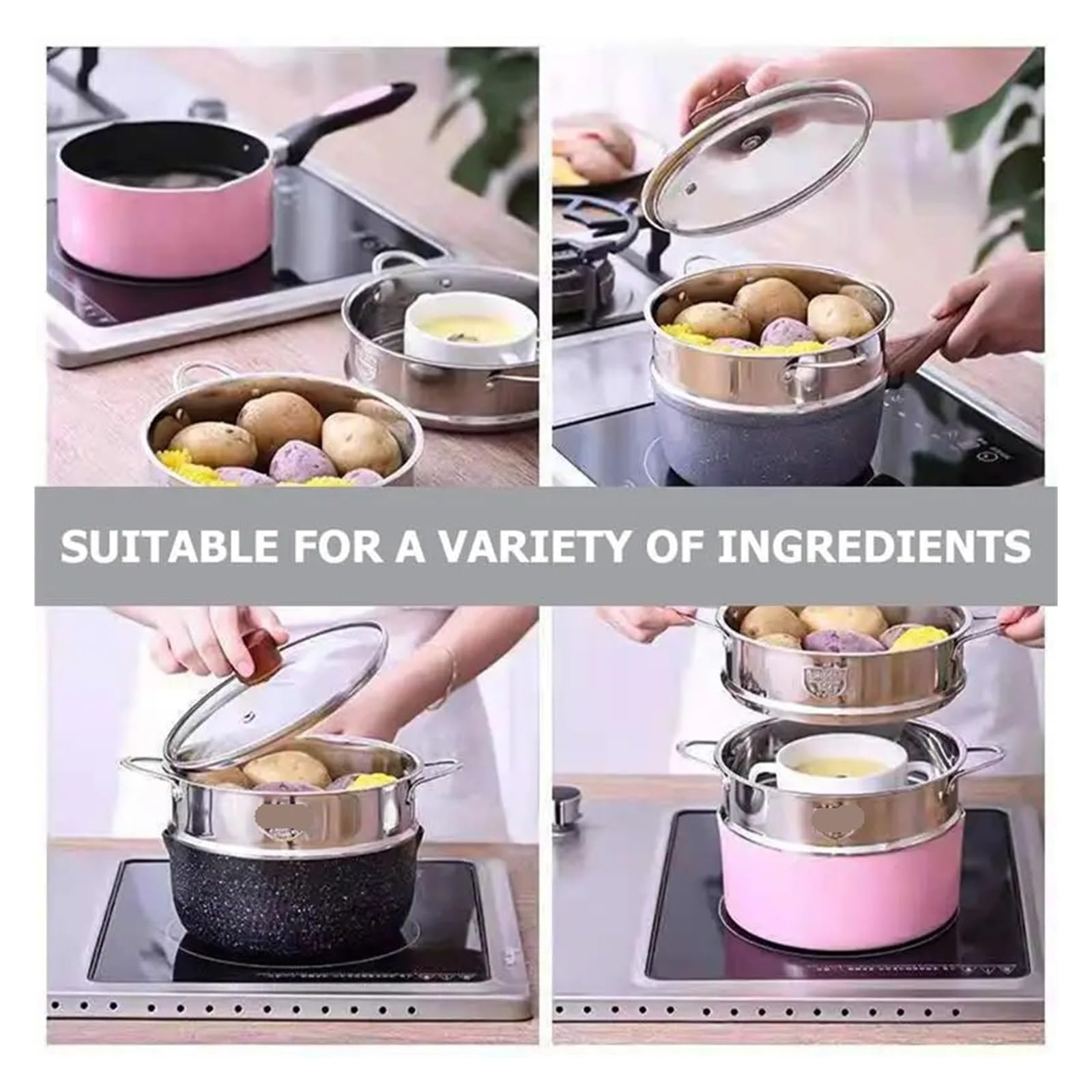 Cestello Cottura A Vapore Inox Vaporiera multifunzionale in acciaio inossidabile con doppia griglia for la cottura a vapore, cuoci-riso, cestello di scarico, utensili da cucina(22cm)