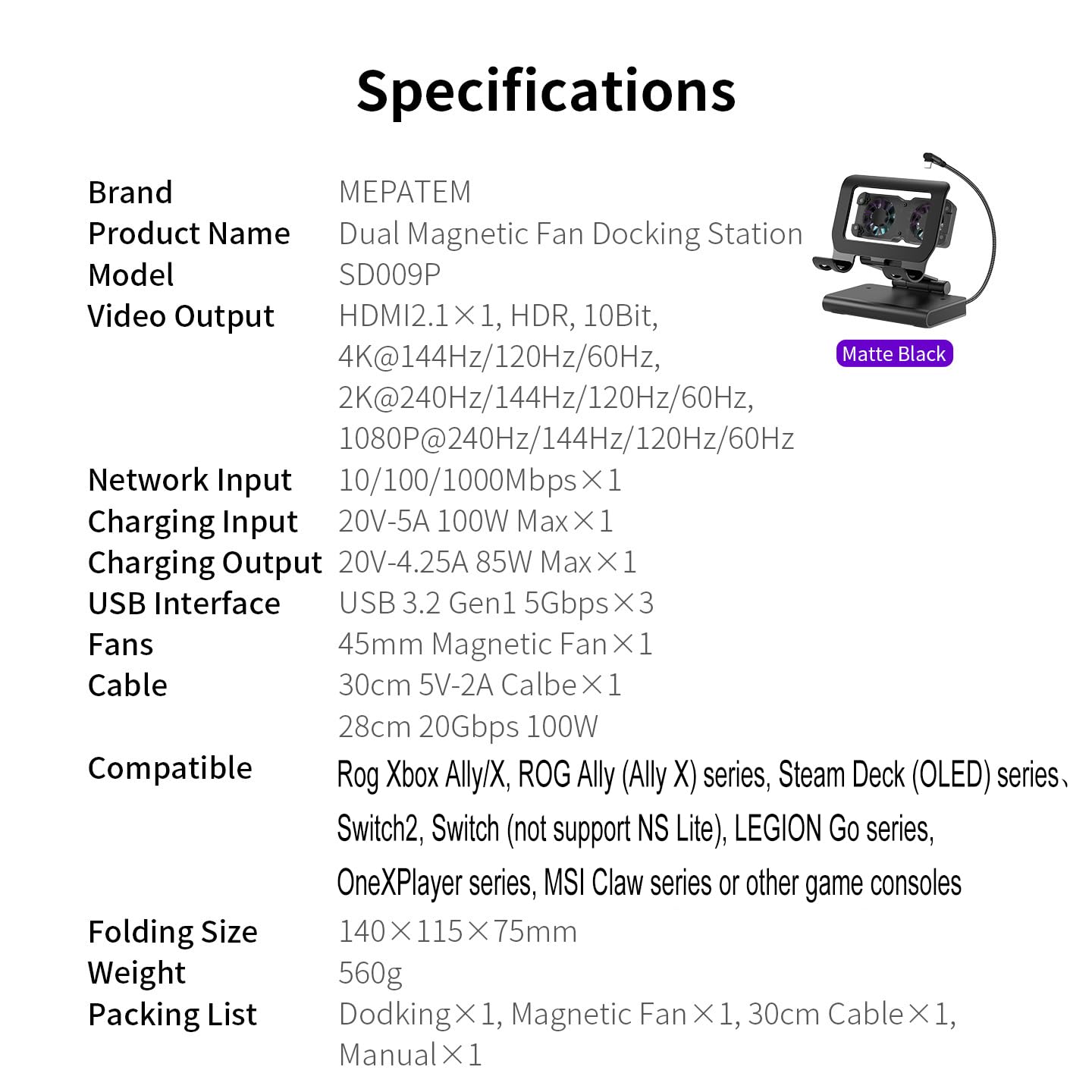Docking Station Magnetica a Doppio Ventilatore 4K@144Hz – PD 100W e Gigabit per ROG Xbox Ally/X, ROG Ally/X, Switch 2/1, Steam Deck (OLED), Claw/Claw 8, LEGION Go e Serie OneXPlayer