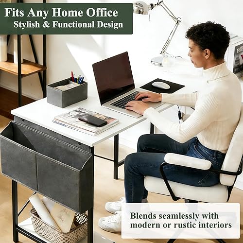 Miniatura 7 de Escritorio en forma de L para computadora de oficina en casa, escritorio para juegos con estante para CPU y bolsillo de almacenamiento colgante,