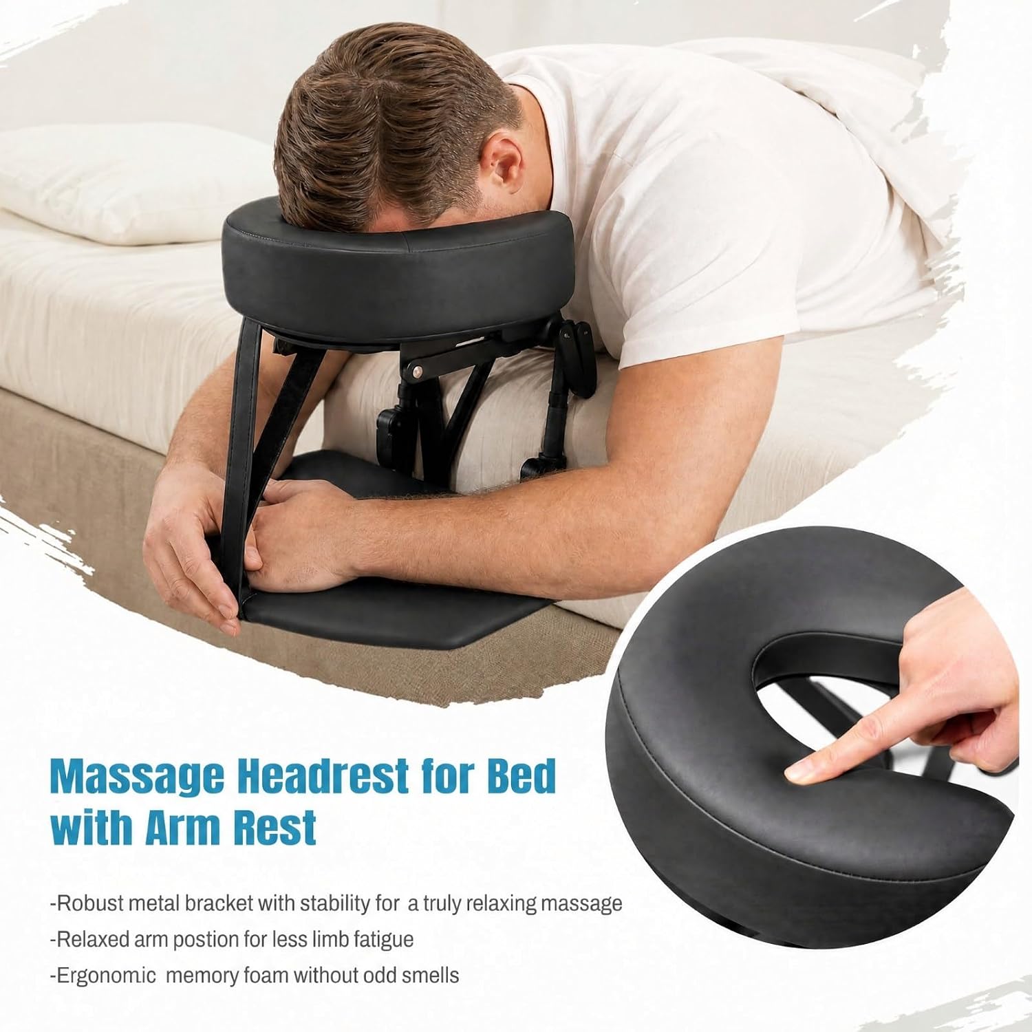 Massage Headrest for Bed with Arm Rest, Adjustable Massage Face Cradle for Home Mattress, Portable Bed Massage Head Holder, Massage Table Head Rest for Salon Spa and Eye Surgery Recovery, Black