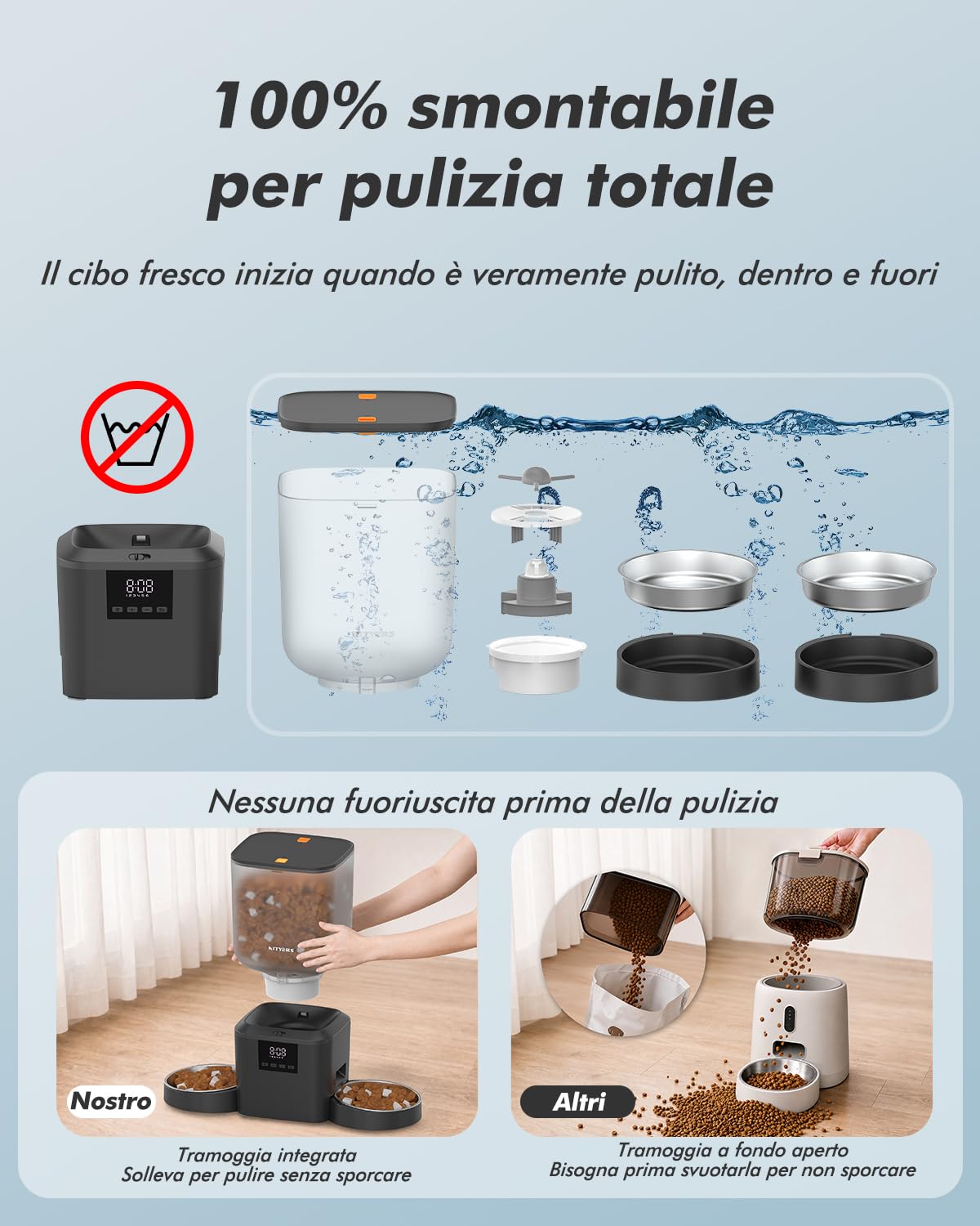 Distributore automatico cibo gatti con 2 ciotole, capacità 8L | croccantini fino a 18mm, senza blocchi, ciotole in acciaio inox, facile da pulire, doppia alimentazione, per più gatti e cani