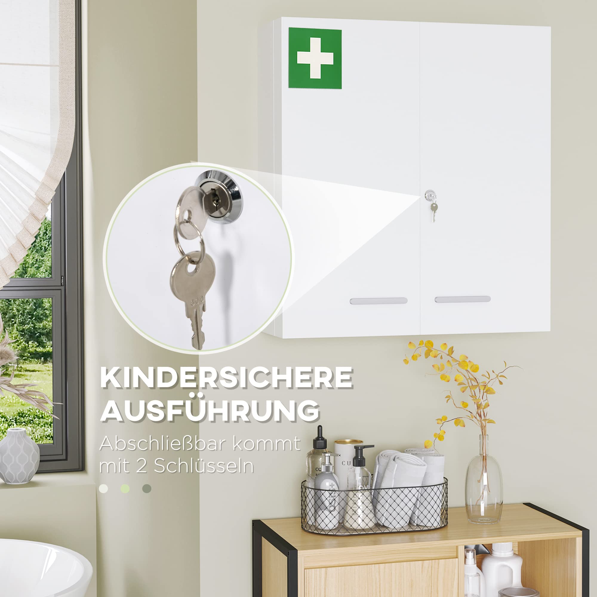 kleankin Medizinschrank, 2-türiger Medikamentenschrank, Abschließbarer Arzneischrank mit 6 Einlegeböden, Erste Hilfe Schrank für Medikamente und Verbandszeug, Stahl, Weiß, 55 x 18 x 60 cm