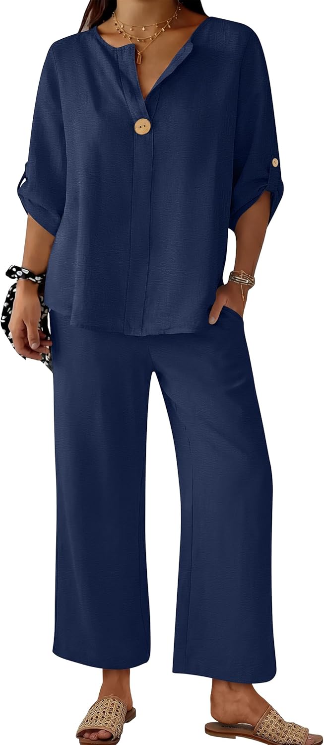 ANRABESS Womens Summer 2 Piece Lounge Sets 3/4 Sleeve V Neck Top Wide Leg Palazzo Pants Set 2026 Beach Travel Outfits