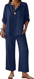 Womens Summer 2 Piece Lounge Sets 3/4 Sleeve V Neck Top Wide Leg Palazzo Pants Set 2026 Beach Travel Outfits