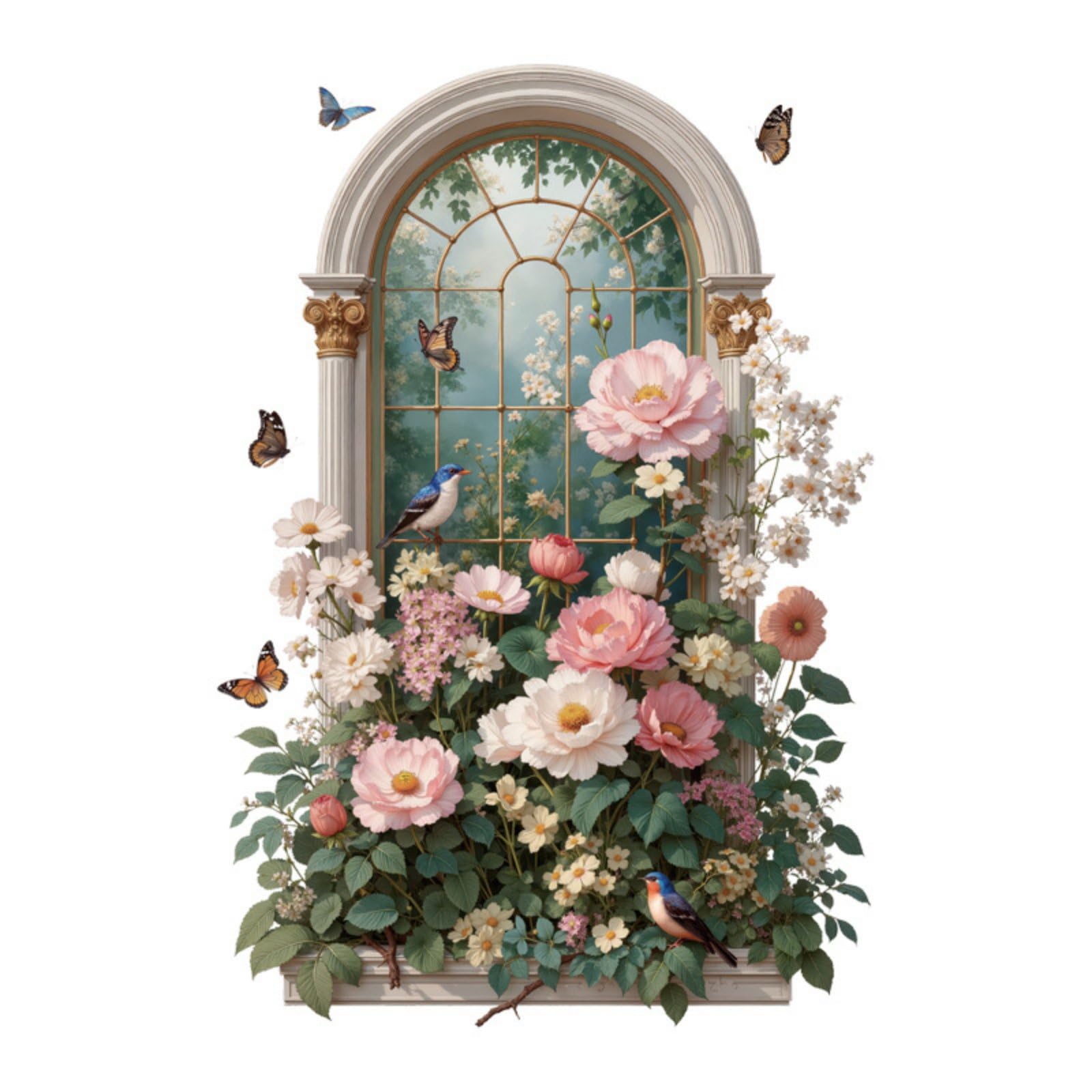 Gyrategirl 3D Wall Stickers Fake Window Wall Decals Romantic Flowers Plants Wall Stickers 2 Sheets 30x90cm Peel and Stick Art Decals for Bedroom Living Room Classroom Office Decor