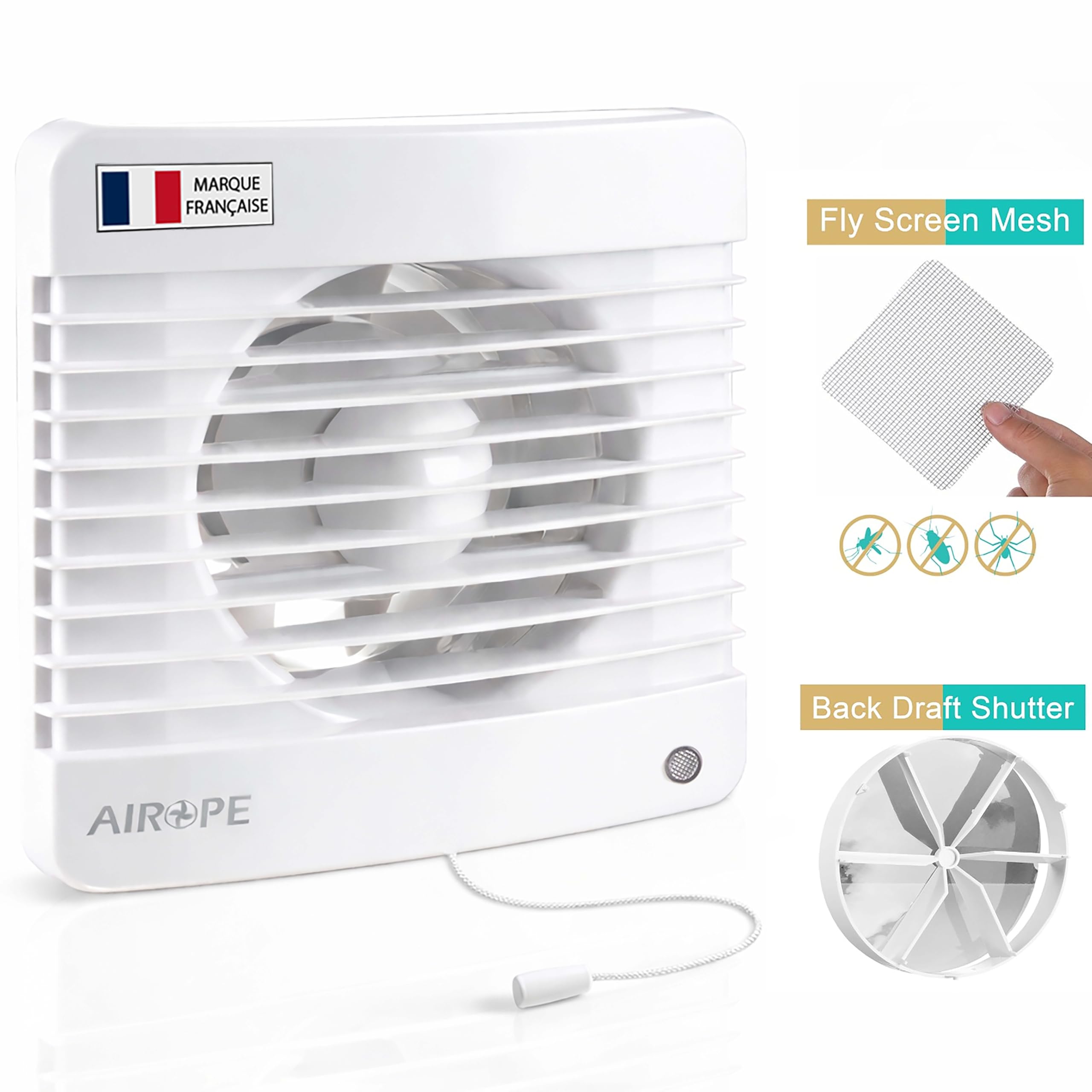 100 MM Extractor de Aire Baño aire con Interruptor de Cadena, Válvula Antirretorno + Mosquitera, 7W, 26 dB, para Cocina y WC, Instalación Pared o Techo, Garantía 5 Años