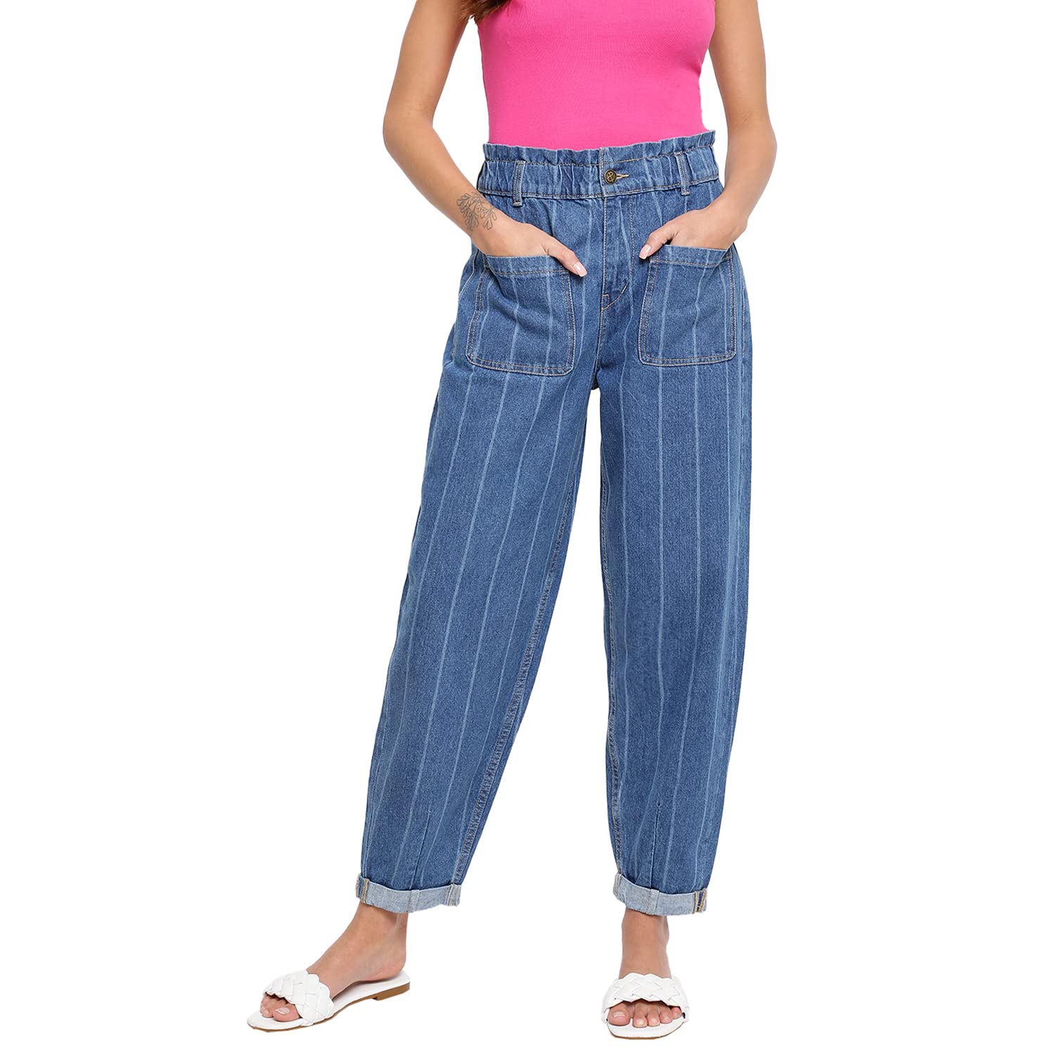 Women's Striped Blue Cotton Regular Fit Ankle Length Jeans-Y114411-image-1