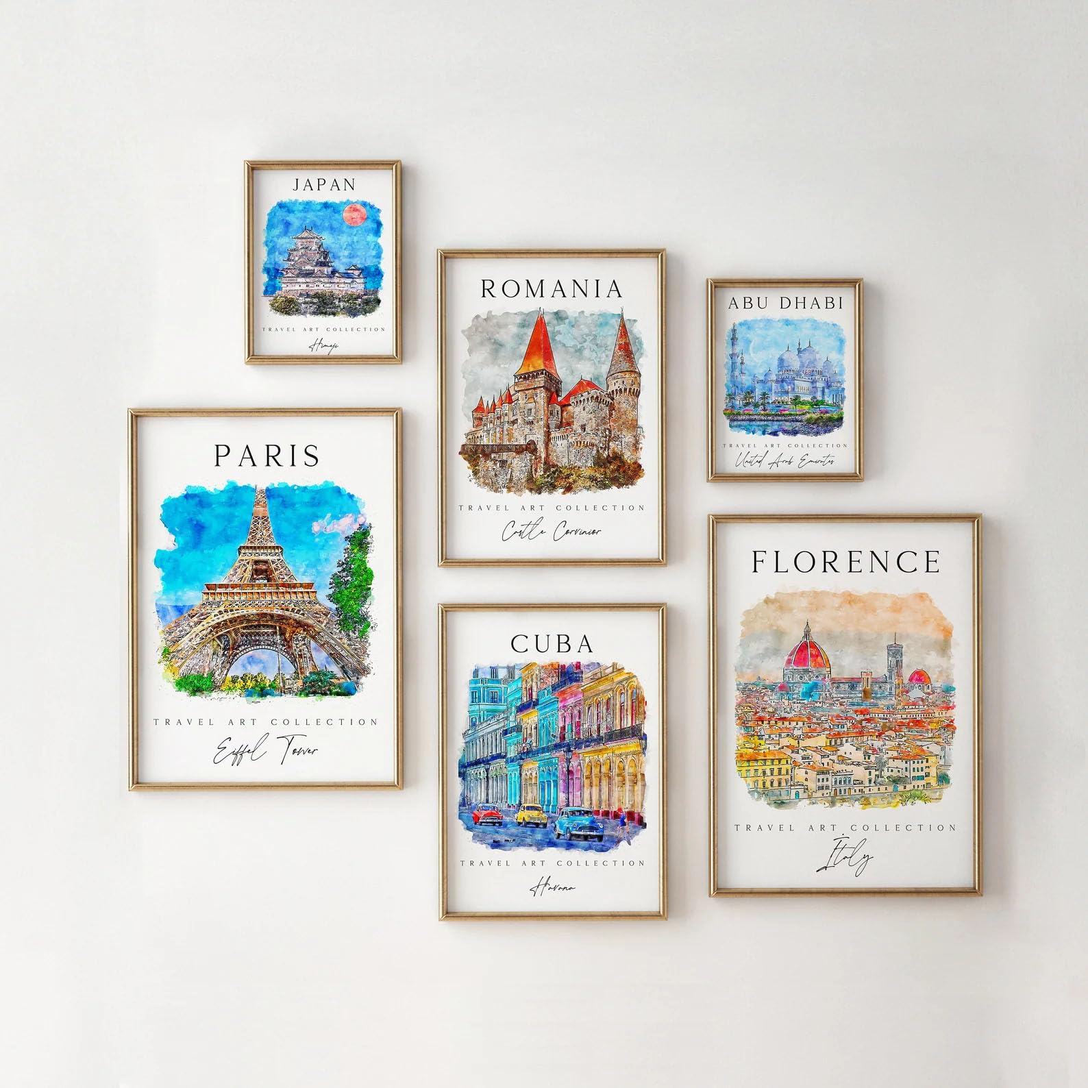 Travel Art Collection Watercolor Digital White Framed Painting (30 x 40 cm) - 6 pieces
