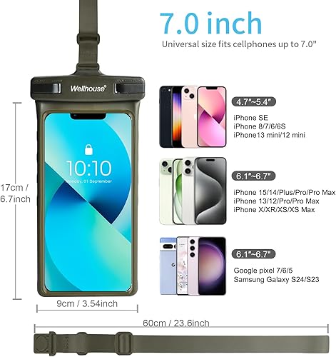 Miniatura 81 de wellhouse Funda impermeable para teléfono, funda impermeable para iPhone 16 15 14 13 12 Pro Max XS Samsung, IPX8 3D bolsa seca para teléfono celular
