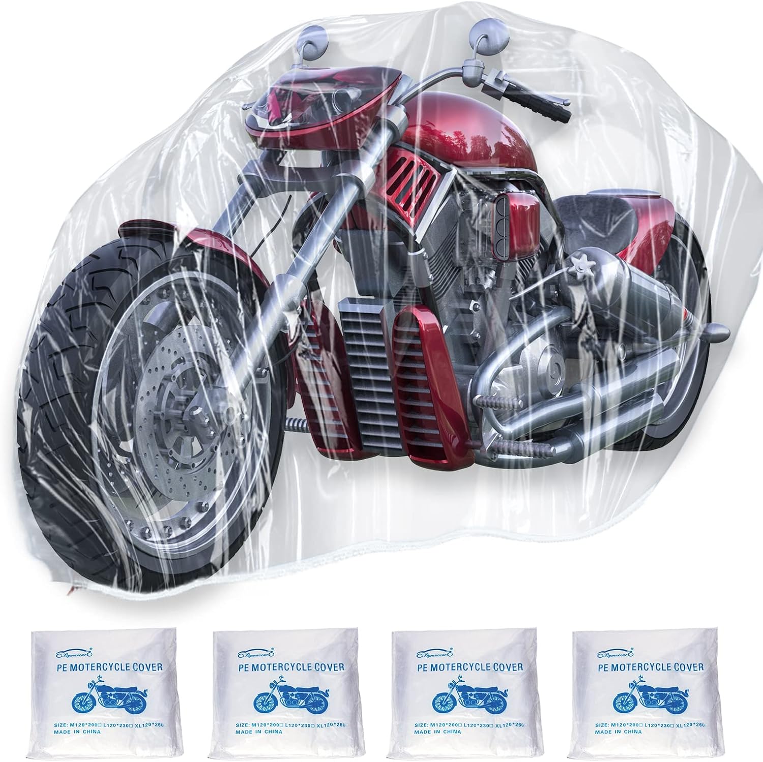 4 Pcs Motorcycle Cover,Disposable Clear Plastic Moped Cover Medium （XXL ） Waterproof Protection Dust Outdoor Rain Cover for Harley,Davidson,Yamaha,Suzuki,Honda, Kawasaki, (Indoor Universal)