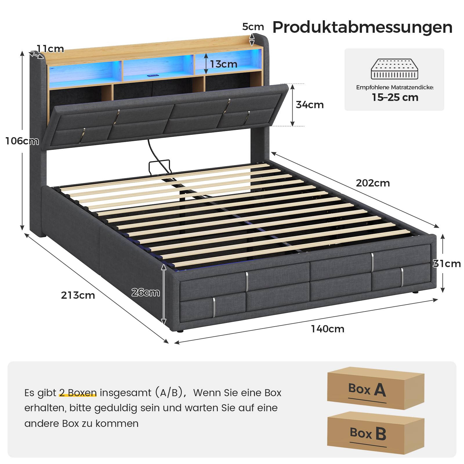 Bett 140X200 mit LED Beleuchtung, Hydraulisches Stauraumbett 140x200 cm, Polsterbett, Regalkopfteil mit Steckdosen, Offenes Regal, Versteckter Stauraum, Bettgestell mit Lattenrost, Leinenstoff grau
