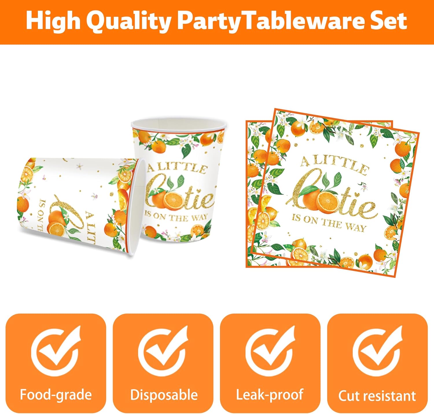 140 Pcs Little Cutie Baby Shower Party Tableware Set,Orange Citrus Tangerine Fruit Theme Birthday Party Decorations Plates and Napkins, A Little Cutie is on The Way Party Supplies,Serve for 20 Guests