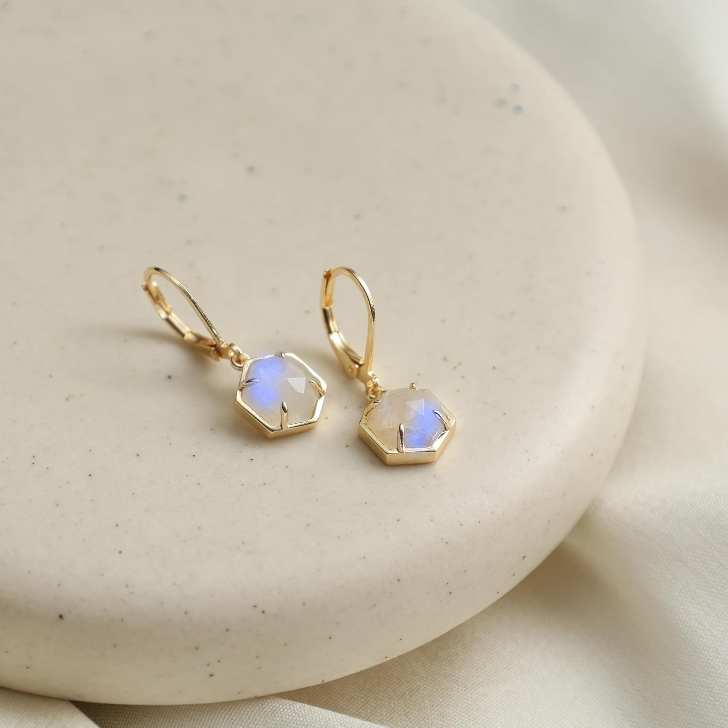 Gempires Gemstone Earrings with Hexagon Shape Gemstone Suspended with Lever Back Closure, 14k Gold Plated, Hypoallergenic and Safe Jewelry - Image 3