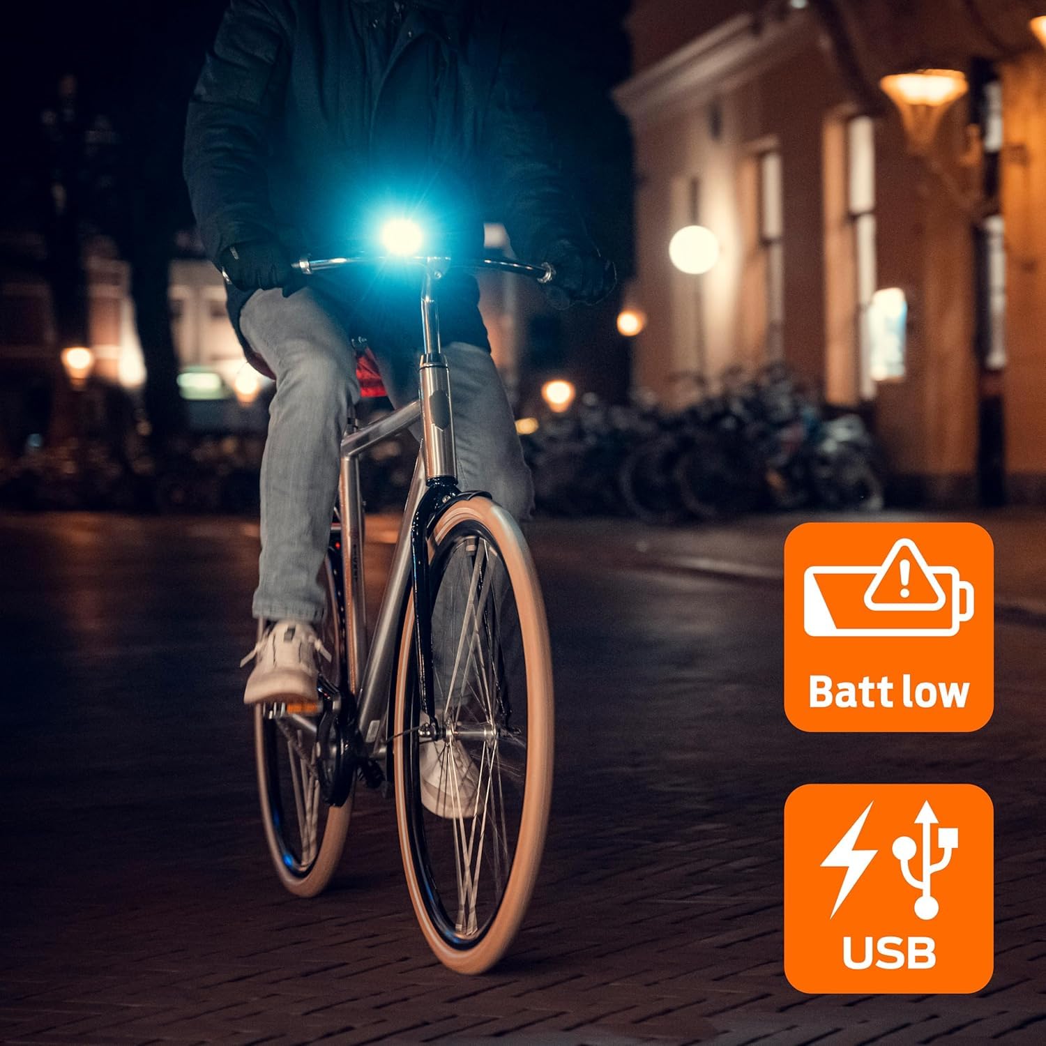 AXA Fahrradlicht Dwn 50 Lux – USB Aufladbar – 11 Stunden Leuchtdauer – Batterieanzeige – StVZO Zugelassen