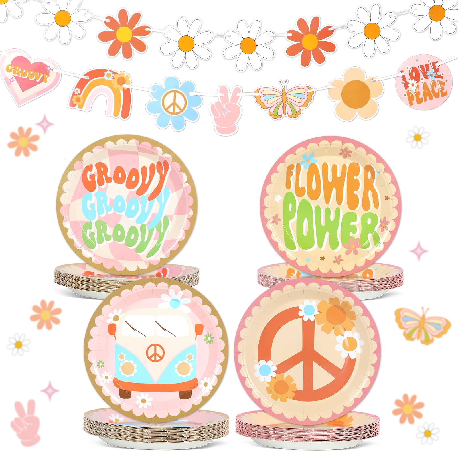42 Pcs Groovy Party Supplies 7" Retro Hippie Boho Paper Plates Bundle & Groovy Hippie Themed Banner for 60s 70s Party Decorations Pastel Party Plates and Banner for Birthday Baby Shower Wedding Favors