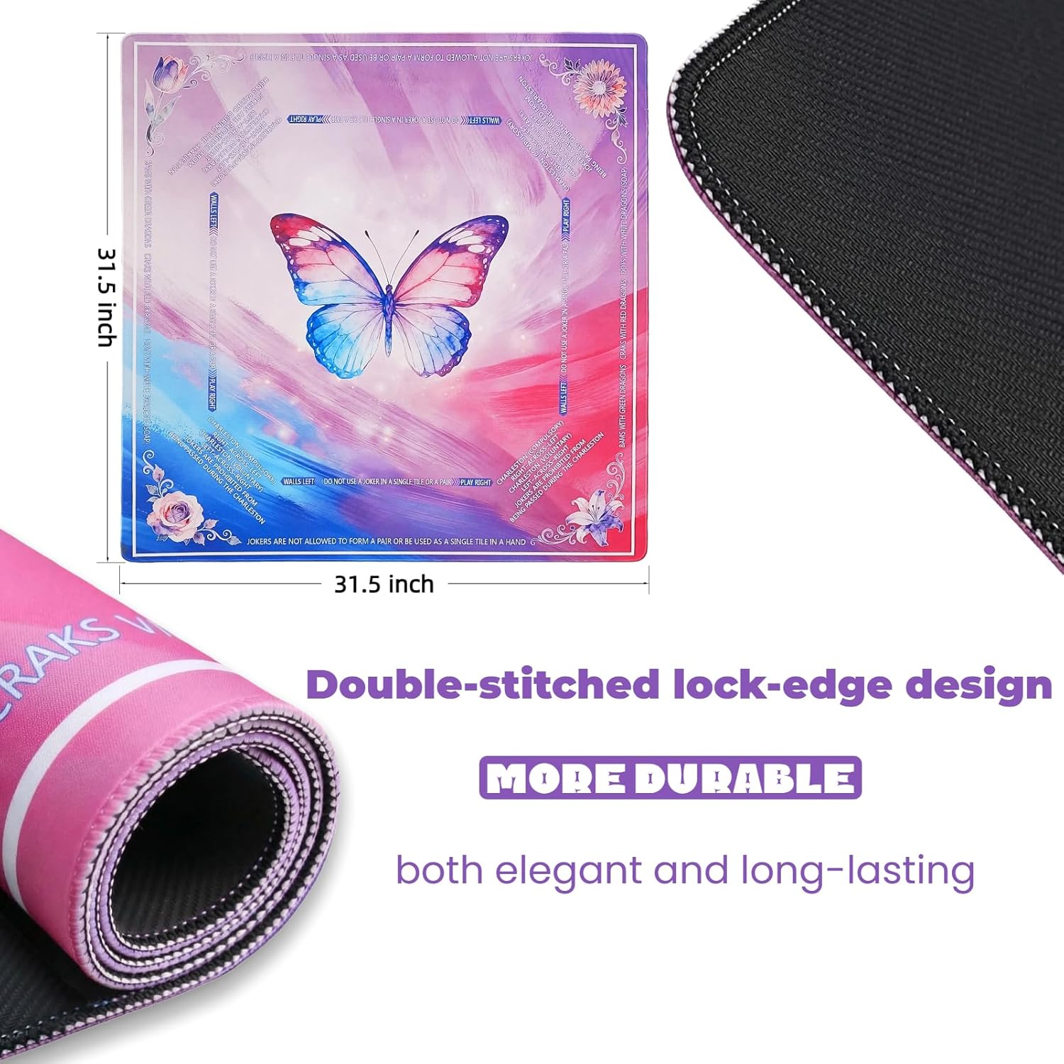 Mahjong Table Mat 31.5 x 31.5 in, Thickened Non-Slip American Mahjong Mat, Noise-Reducing Butterfly Design, Mahjong Gifts for Women, Dominoes, Cards & Board Games