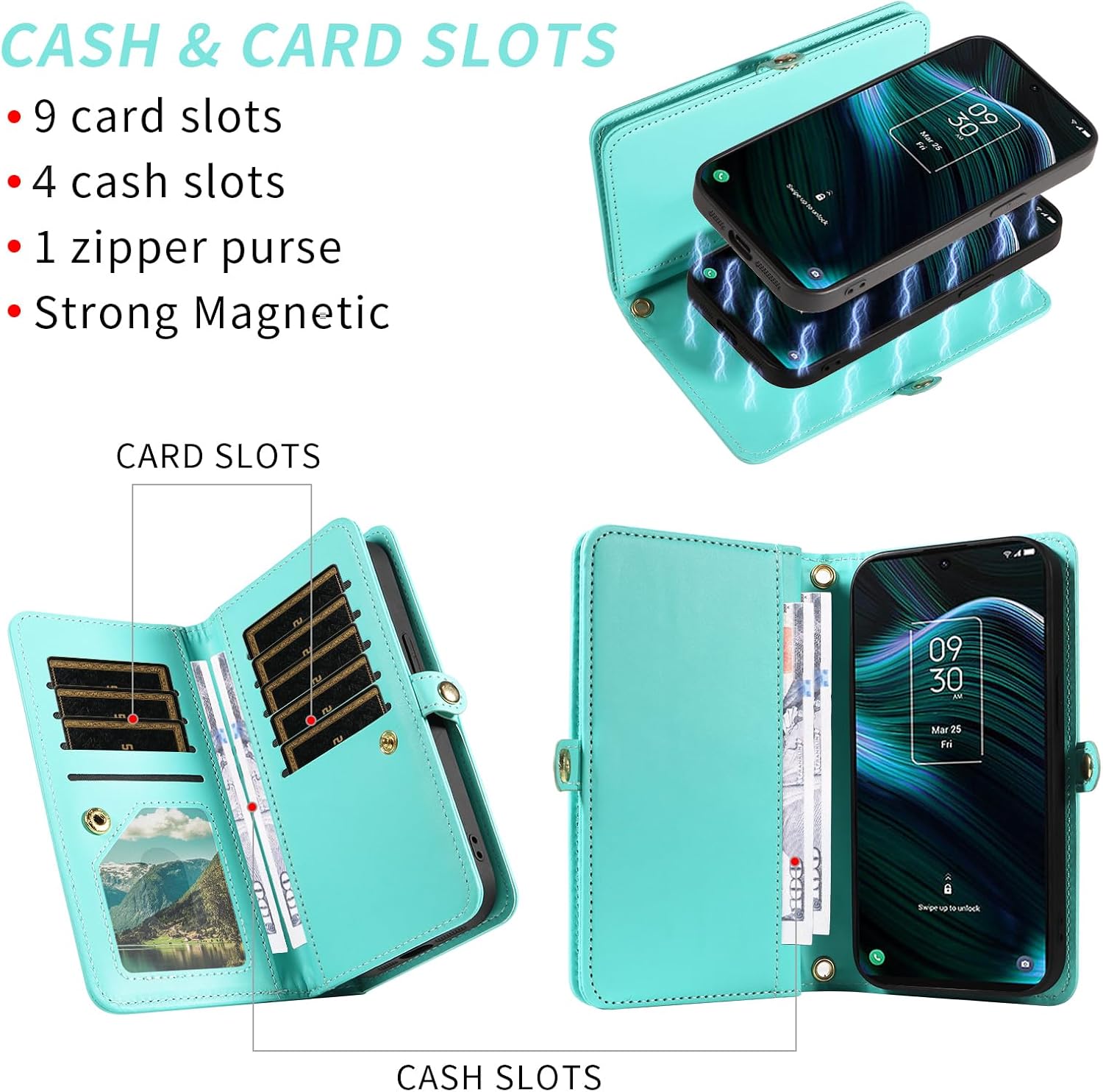 Asuwish Phone Case for TCL Stylus 5G 2022 Zipper Wallet Detachable Cell Cover with Tempered Glass Screen Protector Crossbody Strap Bling Flip Credit Card Holder TLC Stylo G5 6.81 T779W Women Men Teal