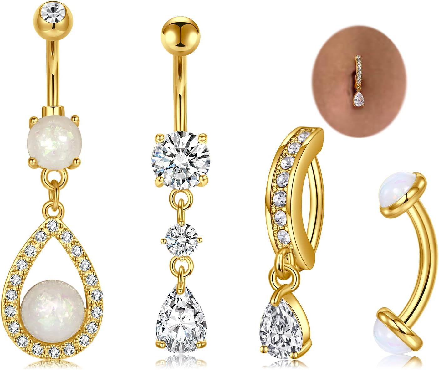 MODRSA Silver Gold Belly Button Ring for Women Clicker Hoop Belly Rings Opal Navel Piercing Jewelry Dangle Hypoallergenic Surgical Steel Dainty Dangling Navel Rings for Women