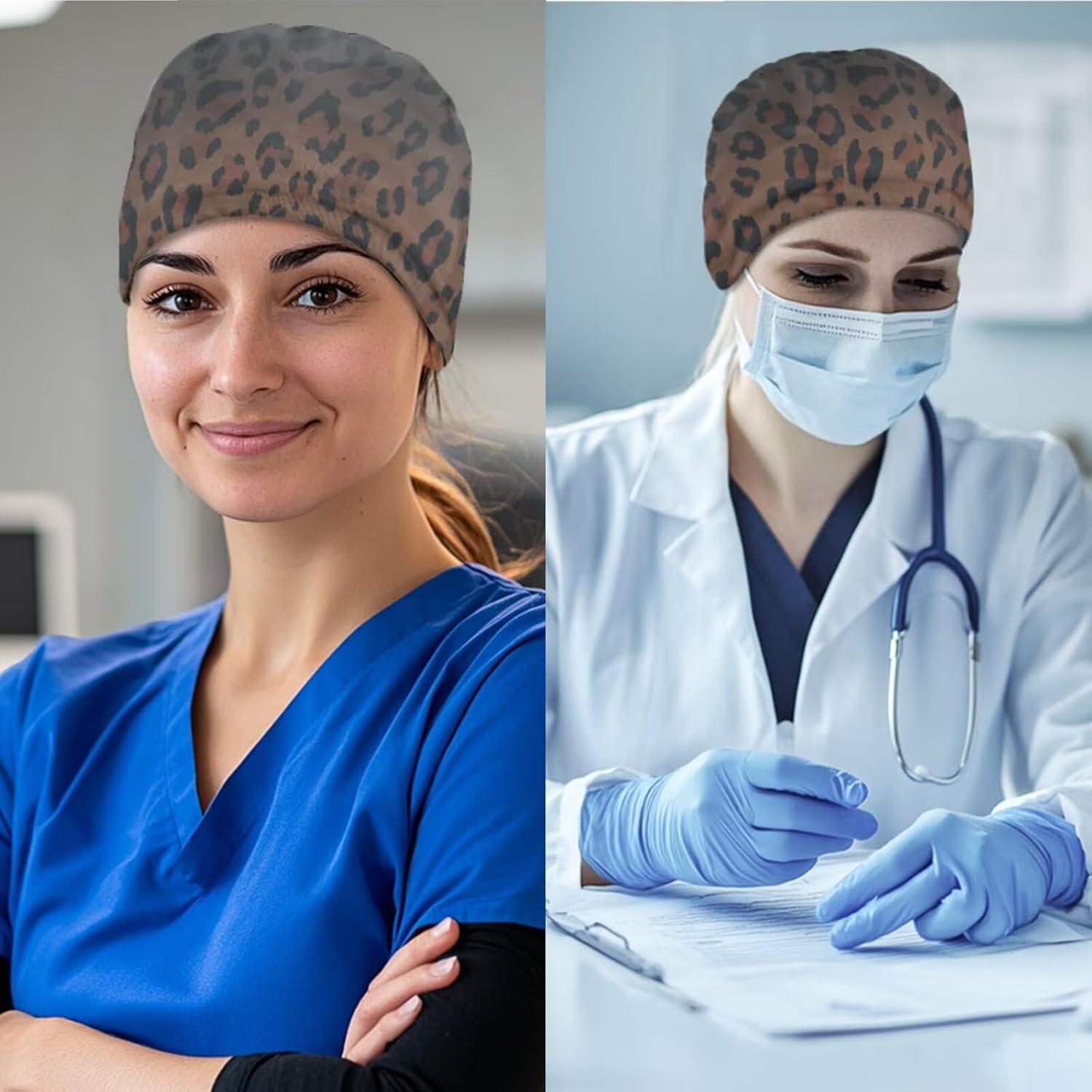 Women's 3Pcs Scrubs Set with Work Cap Print Medical Uniform V Neck Top and Straight Jogger Pants with Six Pockets