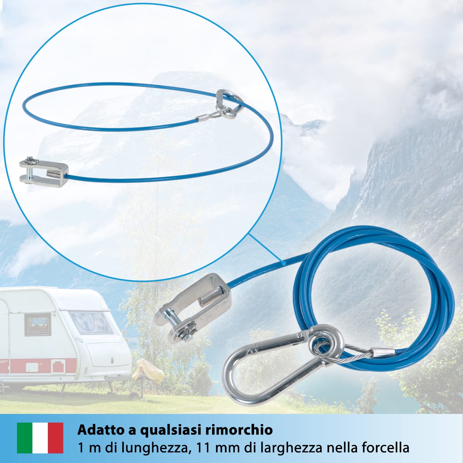 Cavo di sicurezza per rimorchi, 1 set, cavo d'acciaio da 1 metro x 2,5 mm con moschettone e gancio di chiusura, carico di rottura 250 kg, in rosso, per tutti i