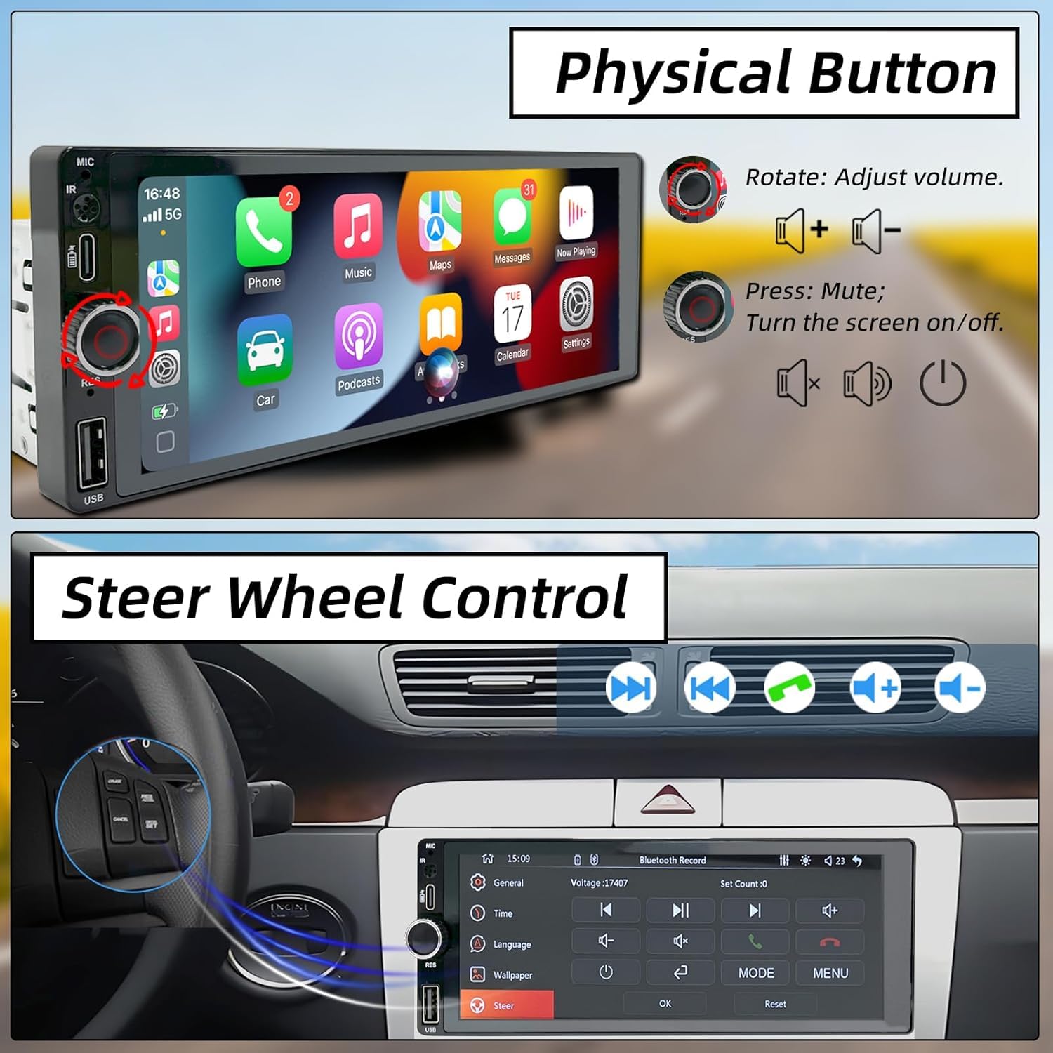 Autoradio CarPlay 1 DIN de 6,86 Pouces, CarPlay et Android Auto par Câble