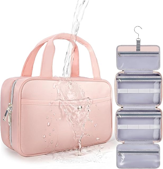 Sac de toilette suspendu pour les femmes - Sac de toilette imperméable Cosmétiques Organisateur Salle de bain légère avec fenêtre claire pour les essentiels, maquillage, Shampooing rose moyen