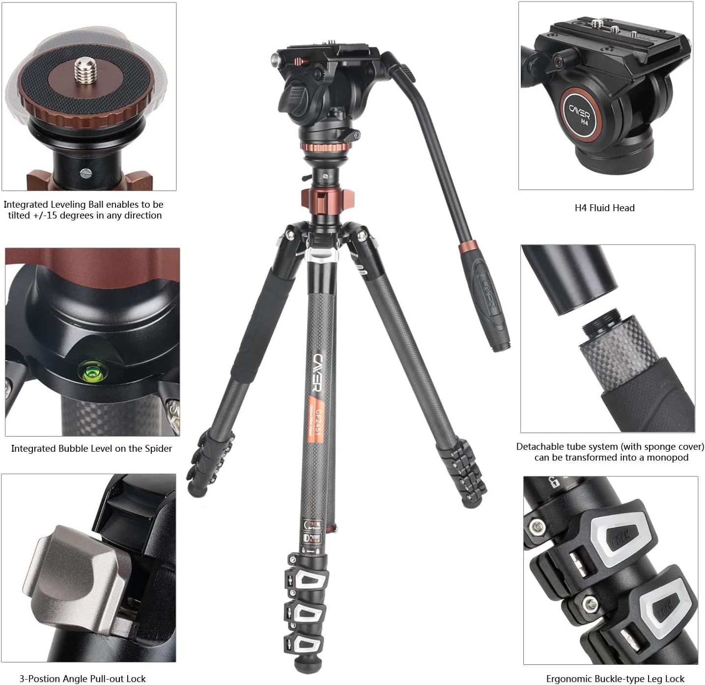 Buy Cayer CF2451 Video Tripod 67 inches Carbon Fiber Tripod Leg with