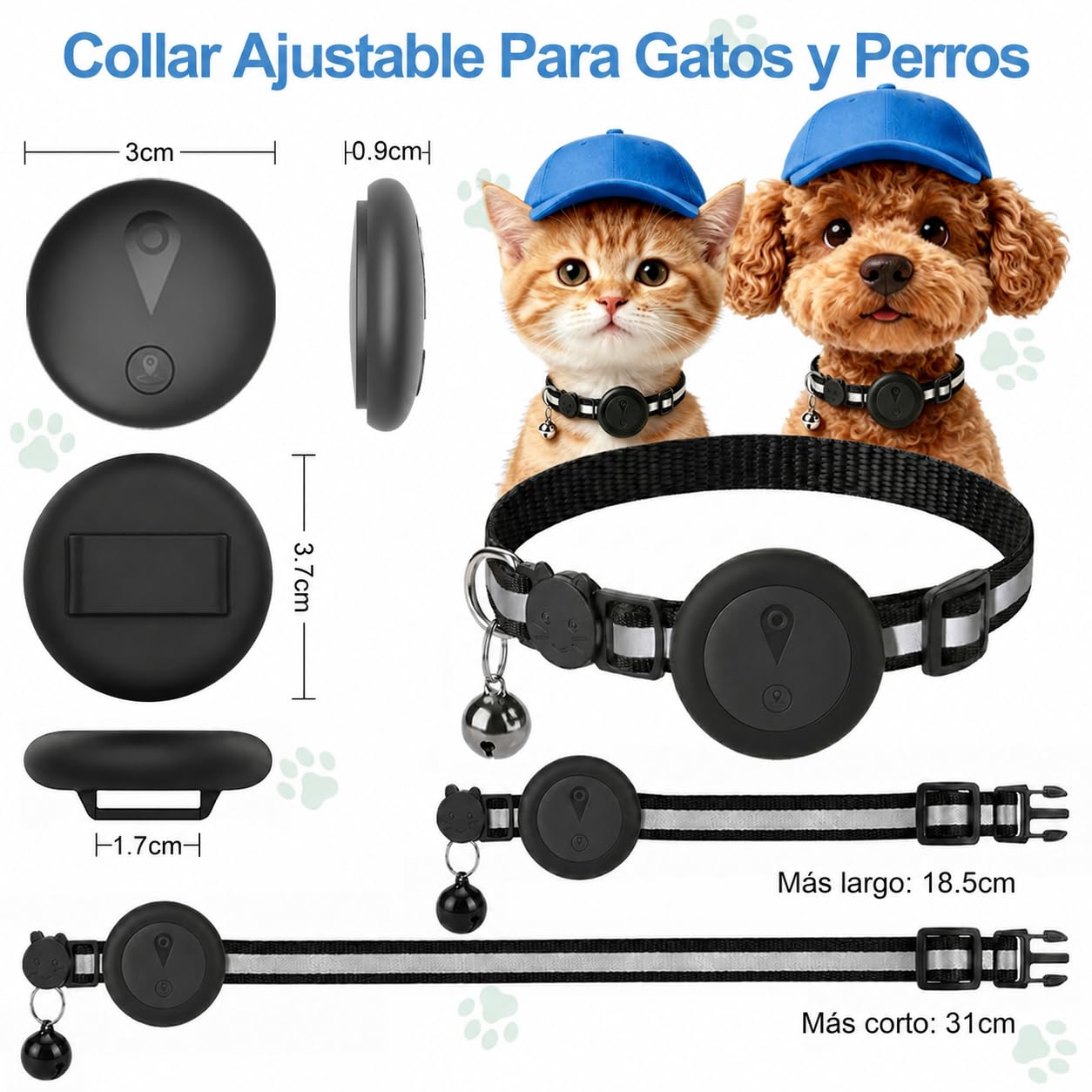 Collar GPS Gatos 2 en 1,Localizador GPS Perros con Seguimiento en Tiempo Real y Funciones Antipérdida,Sin Suscripción,iOS/Android,Collar Ajustable con Cascabel,Apto para Perros Pequeños y Gatos-Negro