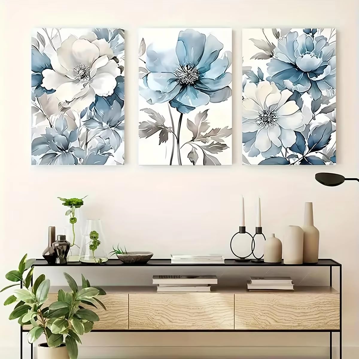 AEFOUU 3 láminas de arte floral en lienzo, azules y blancas, con elegantes diseños modernos para la decoración de salas de estar, dormitorios, oficinas en casa y cafeterías (70x100cm/marco interno)