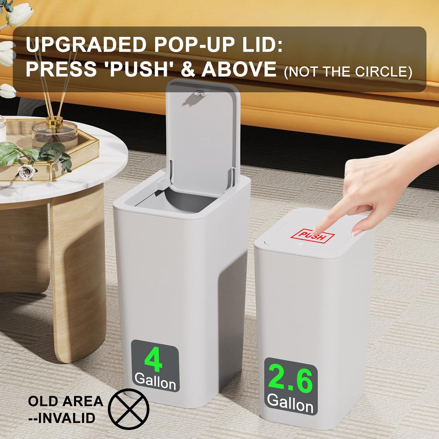 N. NETDOT 3 Pack (2 of 4 Gal & 1 of 2.6 Gal) Small Trash Can with Lid,Bathroom Garbage Can with Pop-Up Lid,Waste Basket for Bathroom,Kitchen,Bedroom,Powder Room,Craft Room,Office,College (Off White)