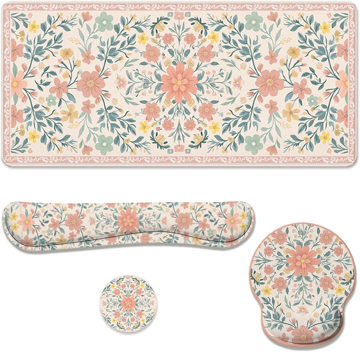 Boho Mandala Desk Mat Set Retro Floral Art Large Mouse Pad with Wrist Rest 4in1 Desk Mat for Desktop Ergonomic Keyboard Wrist Support Anti-Slip Computer Ergonomic Mouse Pad Home Office Gaming
