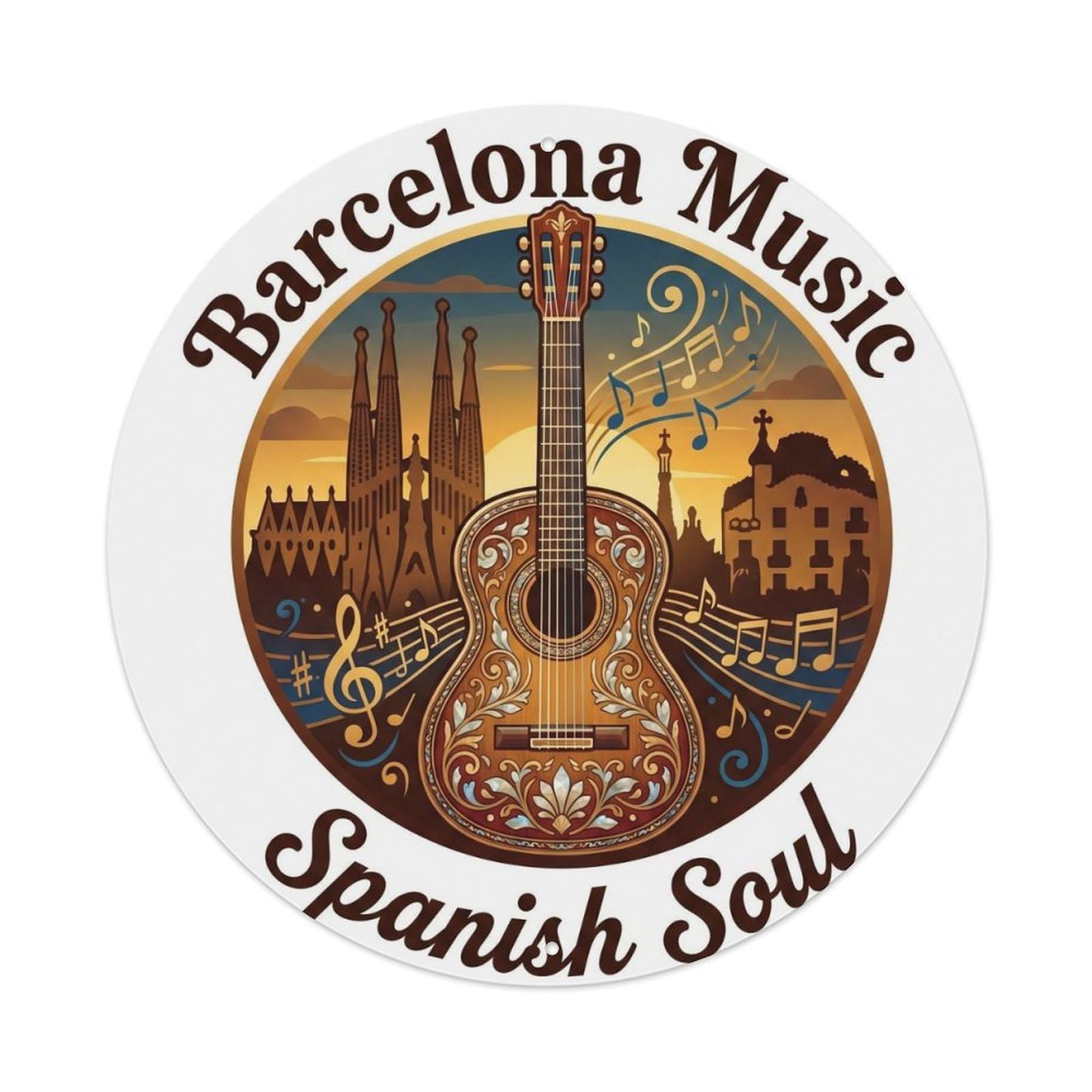Barcelona Guitar Heritage Retro Travel Spanish Cityscape Metal Tin Sign Plaque Wall Decor for Cafe, Man Cave, Club Bar, Office, Home Garden Round Metal Poster 8x8Inch