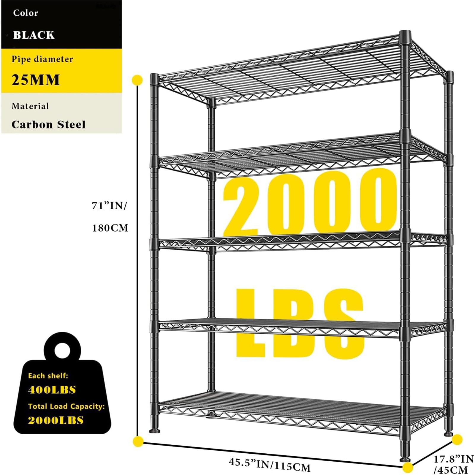 Estantería Metálica de 5 Niveles, Negro, 115x45x180cm, Capacidad 500kg, Estantes Ajustables Sin Tornillos, para Garaje, Hogar, Trastero, Almacenaje Resistente (115 x 45 x 180cm)