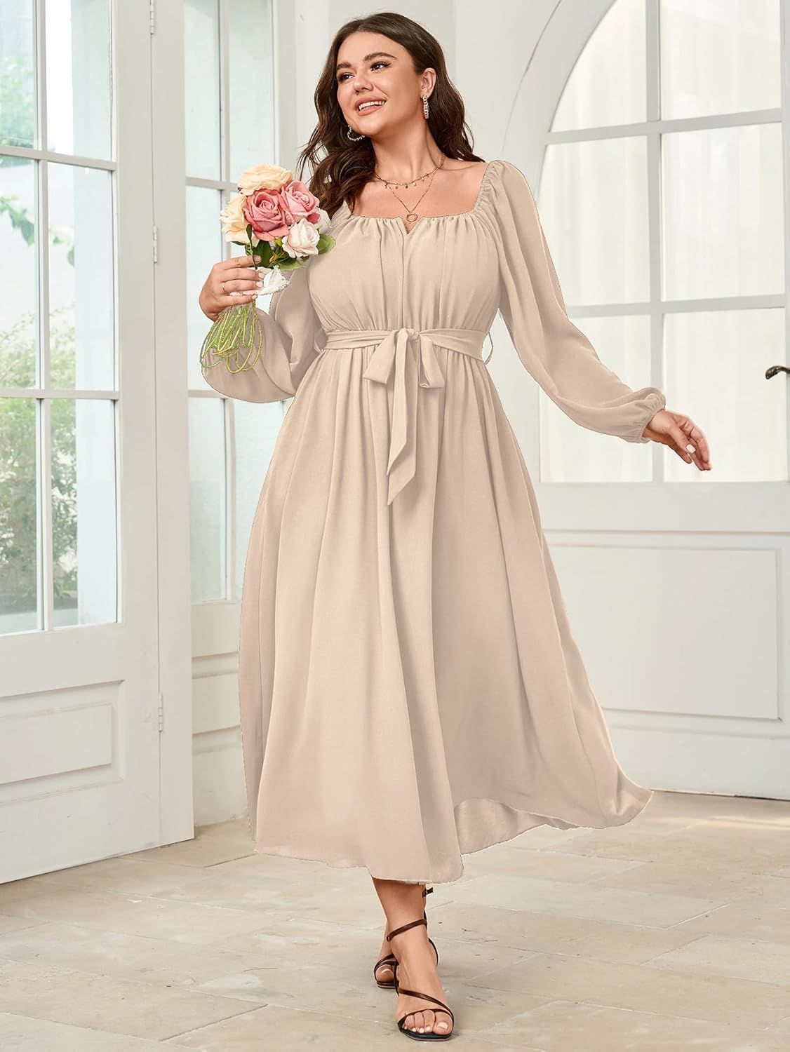 SCOMCHIC Women Plus Size Maxi Dress Long Sleeve Square Neck Wedding Guest Cocktail Belted Elegant Flowy A Line Long Dresses - Image 3