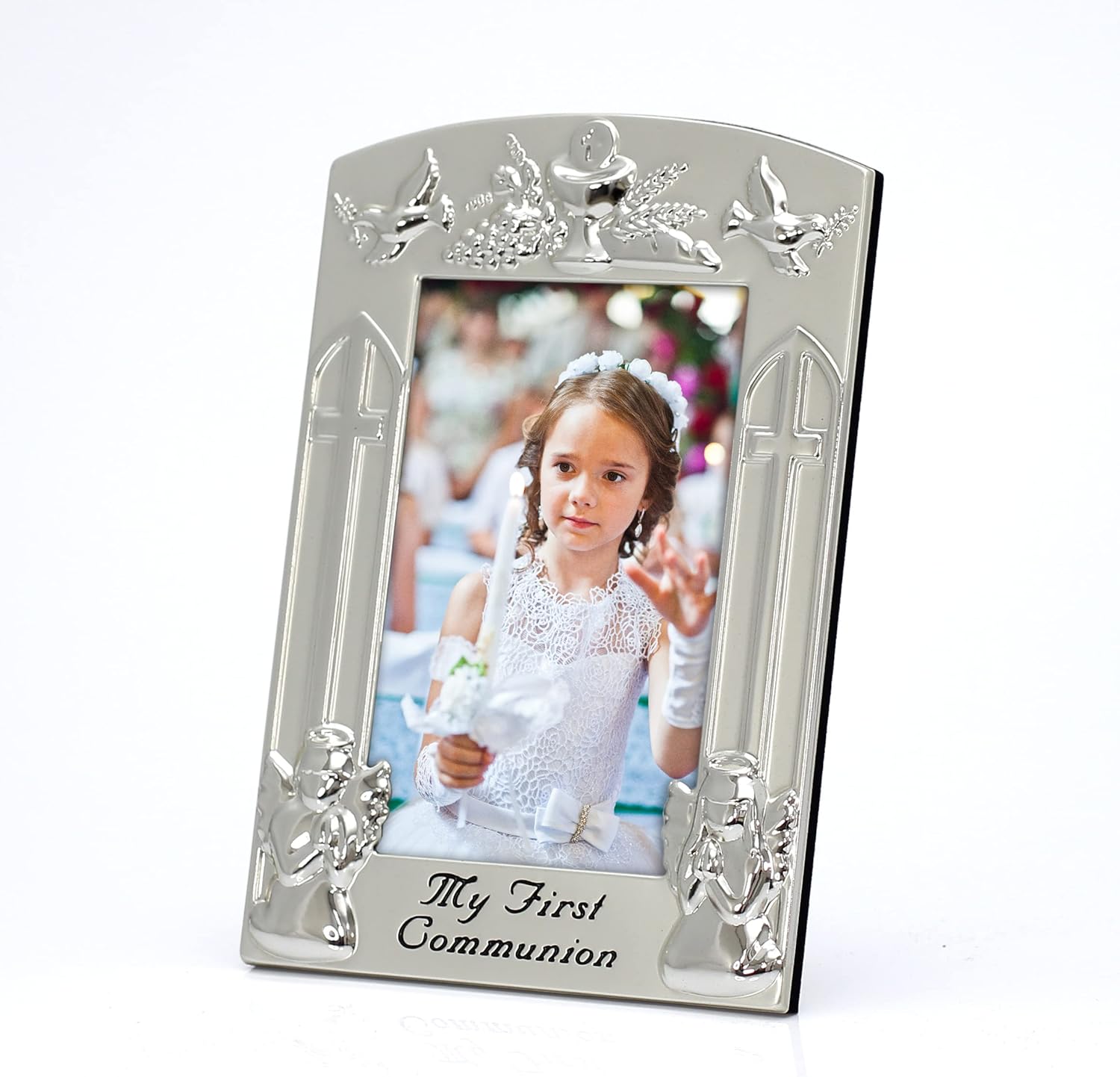 MIMOSA MOMENTS 4x6 Silver Metal My First Communion Picture Frame, First Communion Gifts for Girls Boys, Catholic Religious Keepsake Frame with Cross Dove Angel, Baby Christening Baptism Gift, Tabletop Display