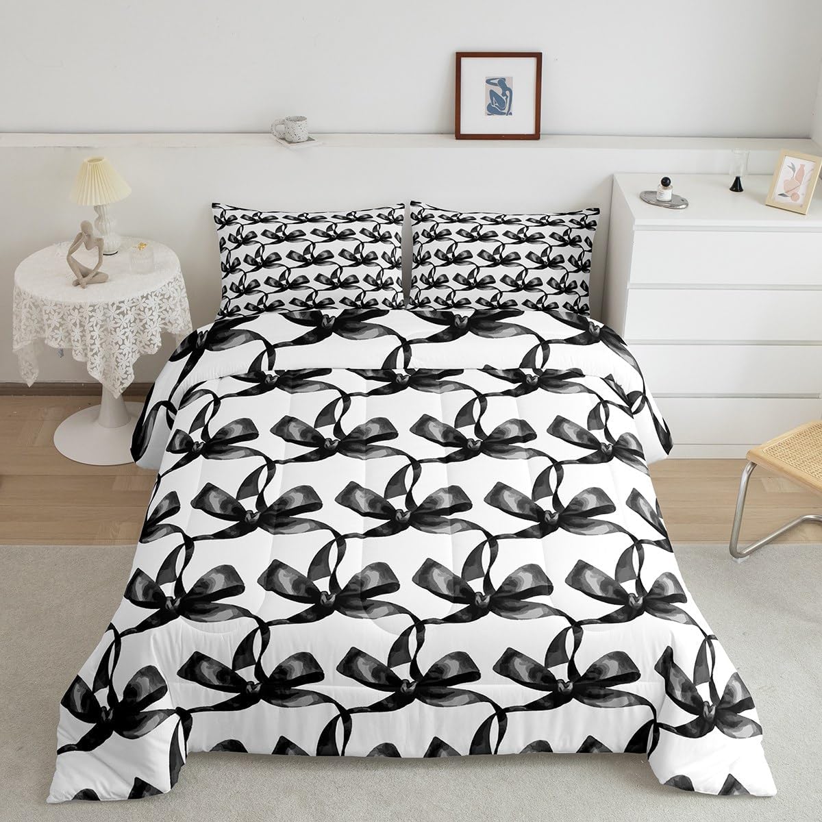 Toddler Size Coquette Bows Duvet Quilt Boys Girls Watercolor Bow Bedding Set For Kids Women Men Ultra Soft Cute Bowknot Comforter Set Black Room Decor Bedclothes Breathable Soft Lightweight Microfiber