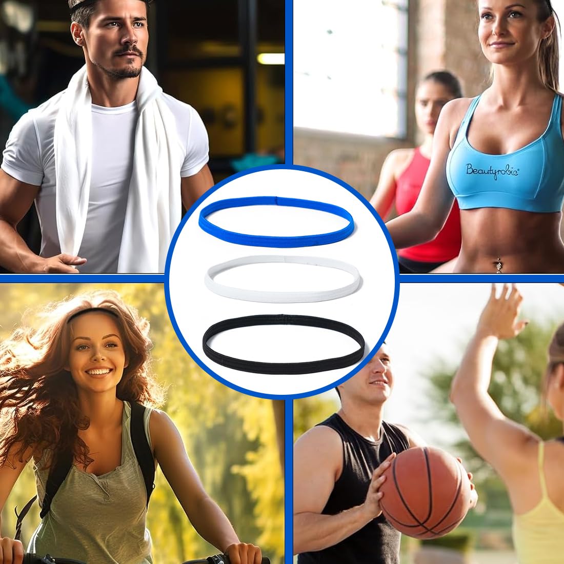 6 Piezas Cinta Pelo Deporte, Cinta Pelo Hombre, Niño Mujer Deporte Diadema Deportiva Elásticas Antideslizante Ppara Yoga Fútbol Jogging-Negro Blanco y Azul