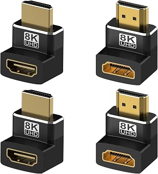 4 Pack 8K HDMI 2.1 Male to Female Adapter Right Angle Connector Up Down Angle 90 270 Degree Gold Plated Support 8K@60Hz,4K@120Hz,HDR,eARC for HDMI Cable PC Laptop HDTV Switch PS4 PS5 Xbox