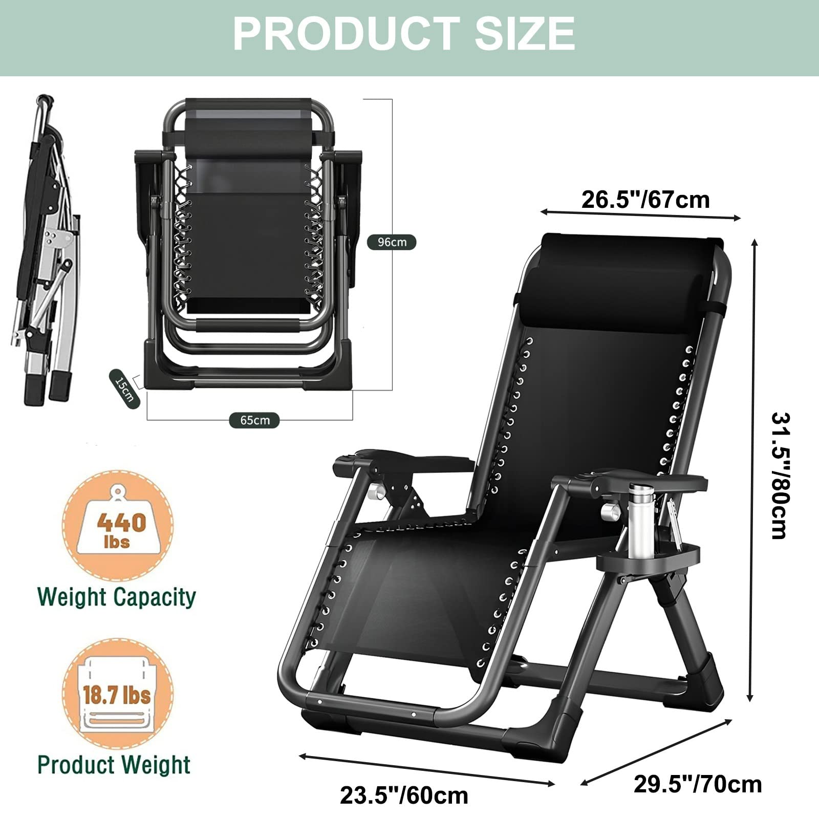 Tumbona Plegable Playa, Silla Reclinable Gravedad Cero con Cojines Y Portavasos, Silla Jardin Exterior para Playa Piscina Hamaca Reposabebidas, Soporta hasta 180 Kg (Color : Lounge Chair with Green M