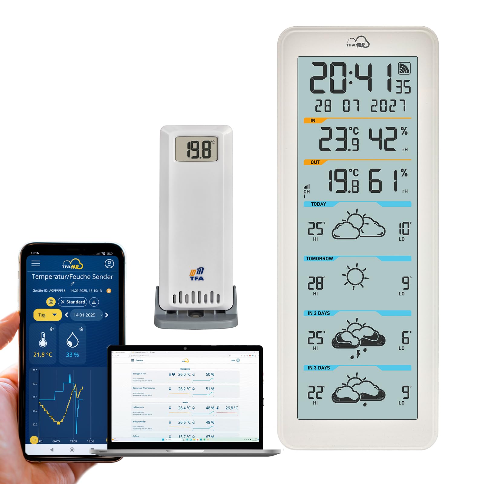 TFA Dostmann Stazione Meteo Wireless METEO JACK, 35.1097.01, con Sensore Esterno Radiocontrollato, Previsioni del Tempo, Pressione Atmosferica, Fasi Lunari, Orologio Radio, Nero